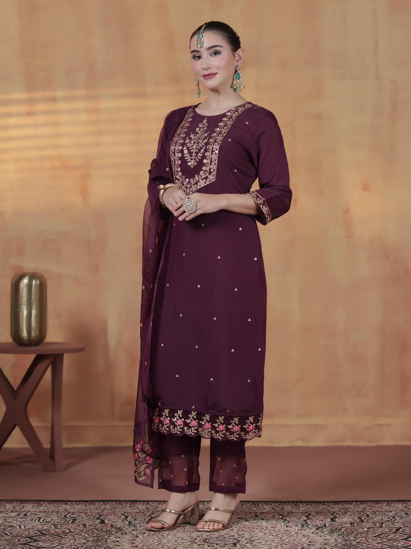 Women Silk Blend Orchid Embroidered Kurta Comfort Pant With Dupatta.