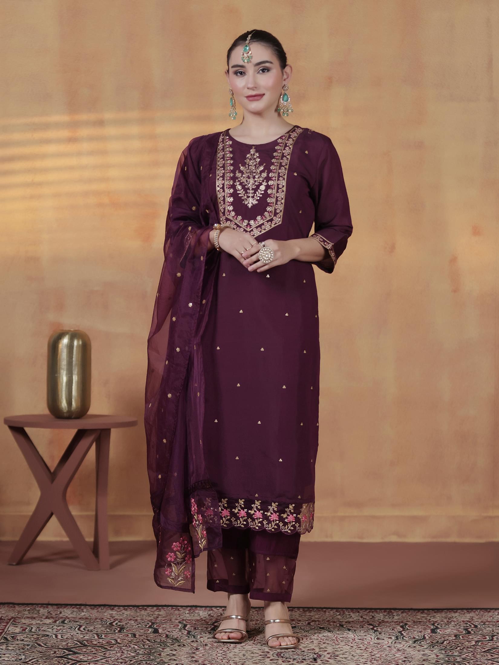 Women Silk Blend Orchid Embroidered Kurta Comfort Pant With Dupatta.
