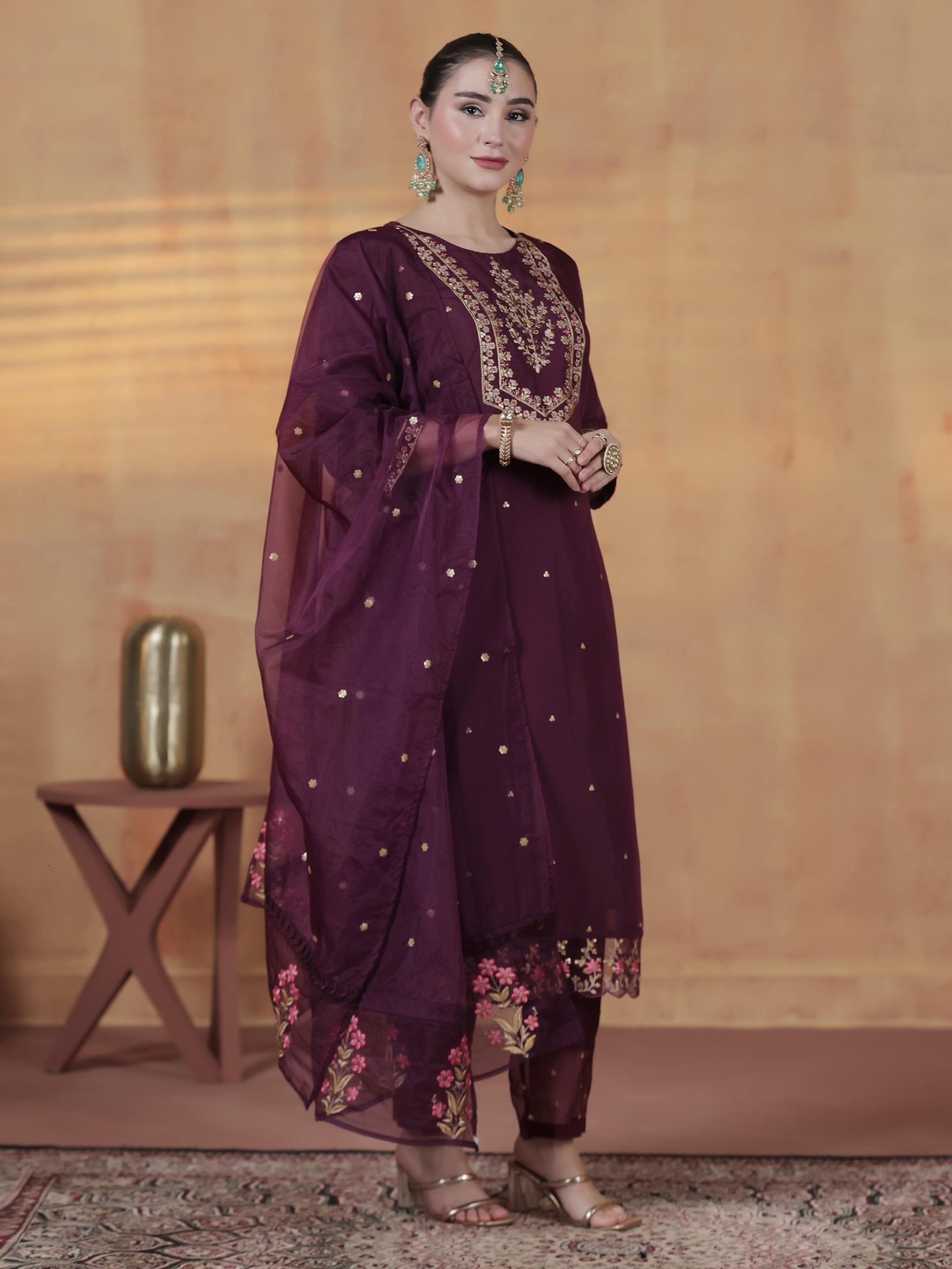 Women Silk Blend Orchid Embroidered Kurta Comfort Pant With Dupatta.