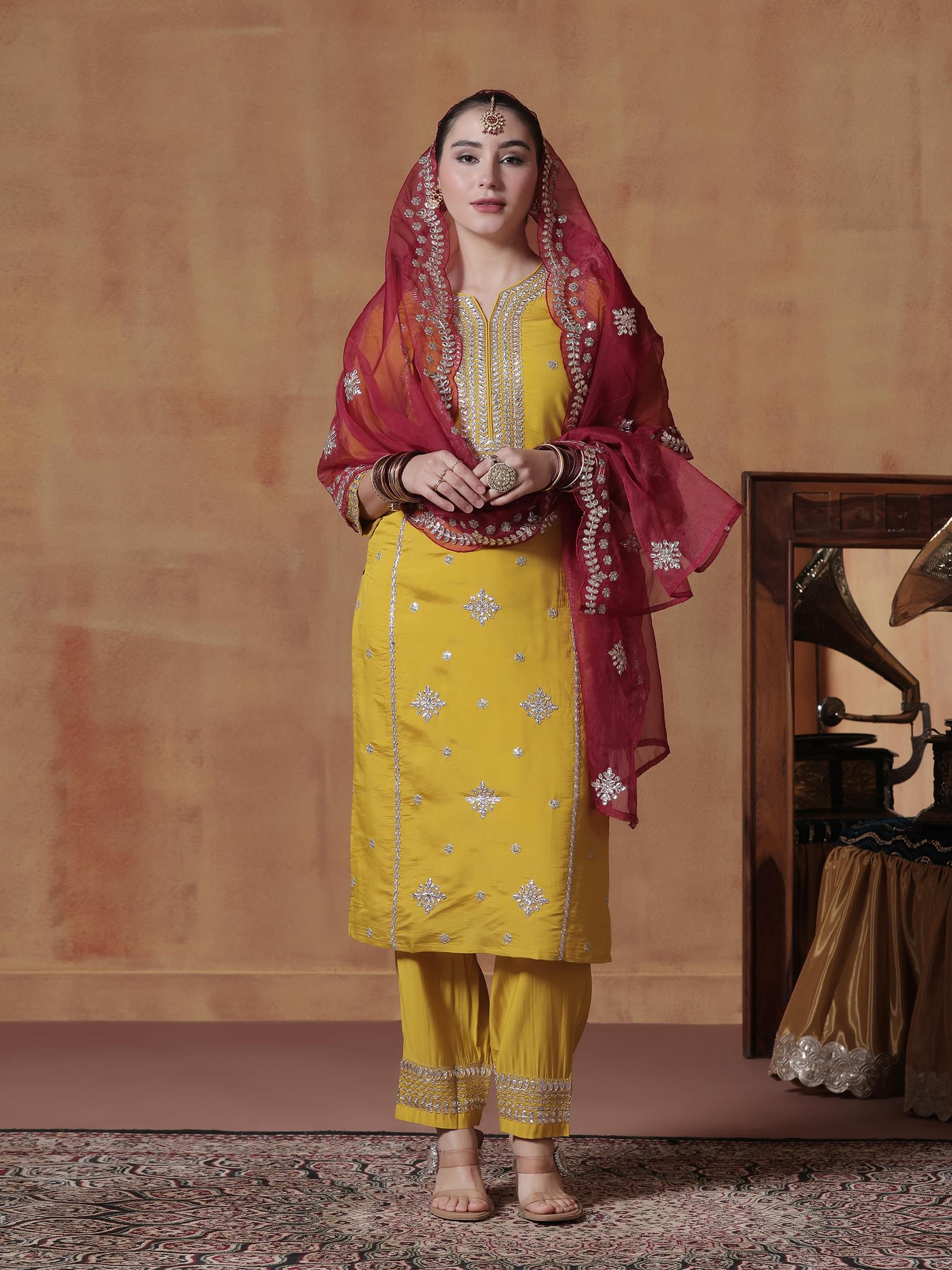 Bright yellow embroidered pure silk traditional ensemble with dupatta