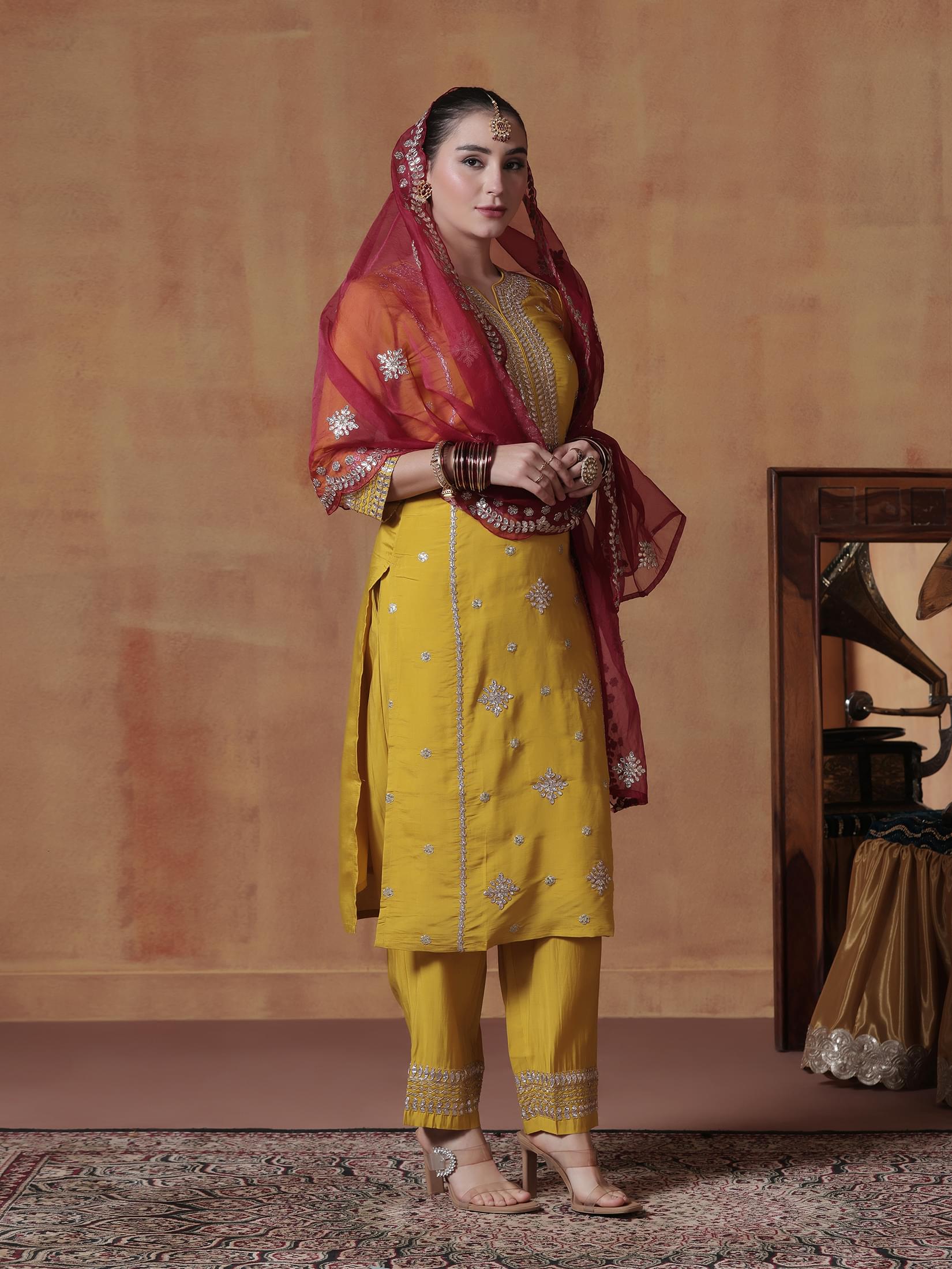 Women Silk Yellow Embroidered Kurta Comfort Pant Dupatta.
