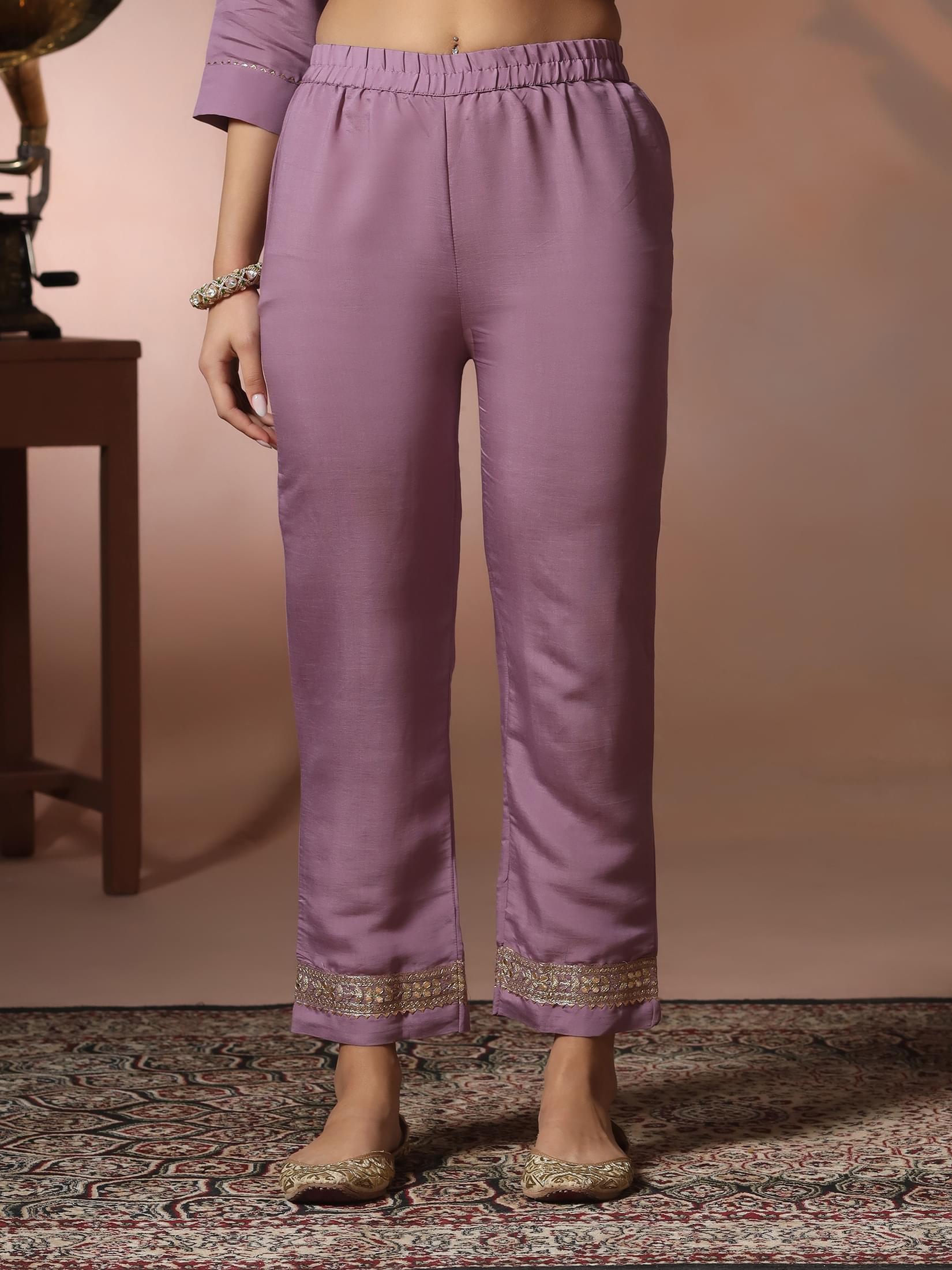 Women Silk Blend Lilac Embroidered Kurta Comfort Pant With Dupatta.