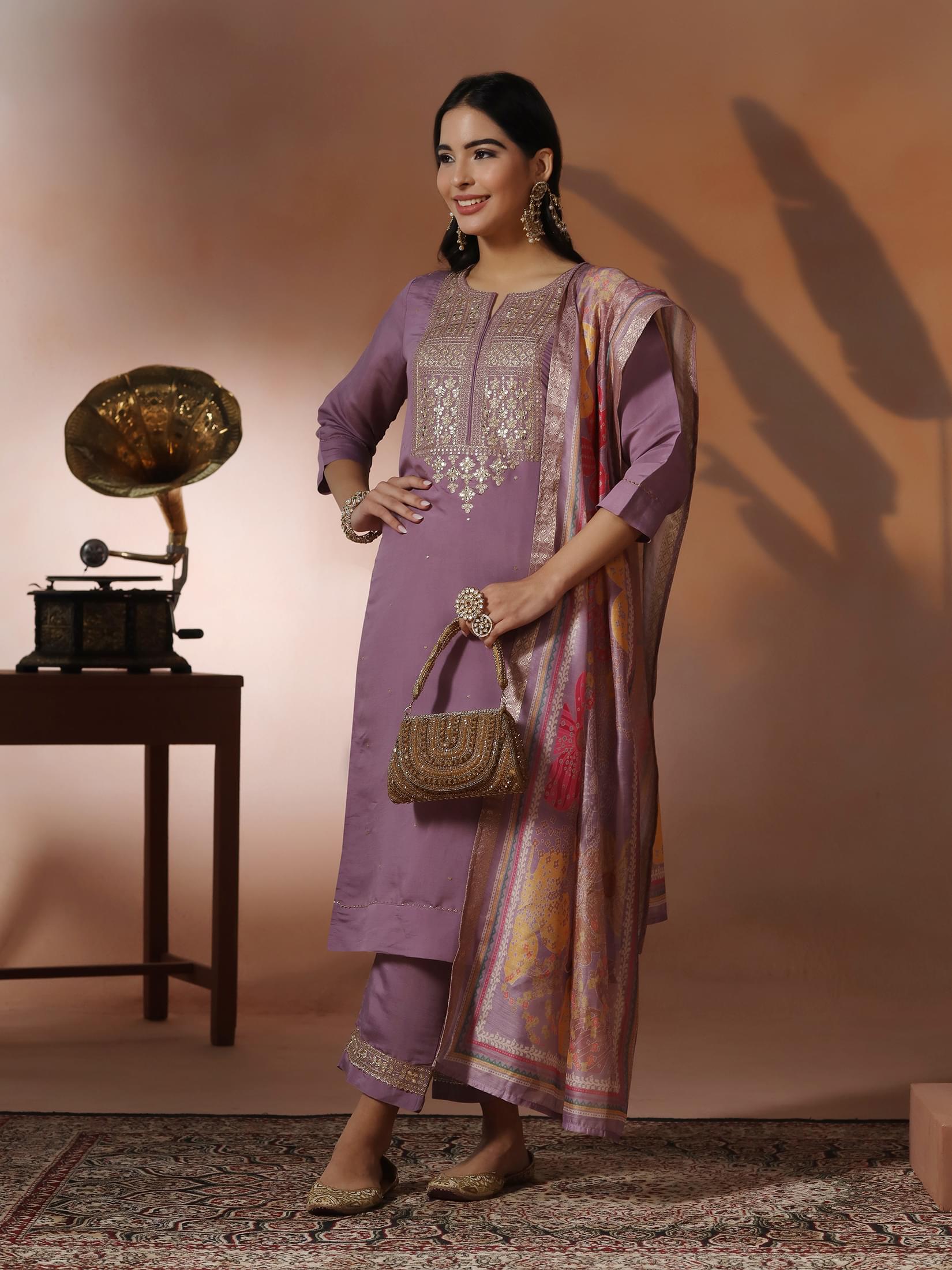 Soft lilac embroidered silk blend premium comfort fitting salwar suit set