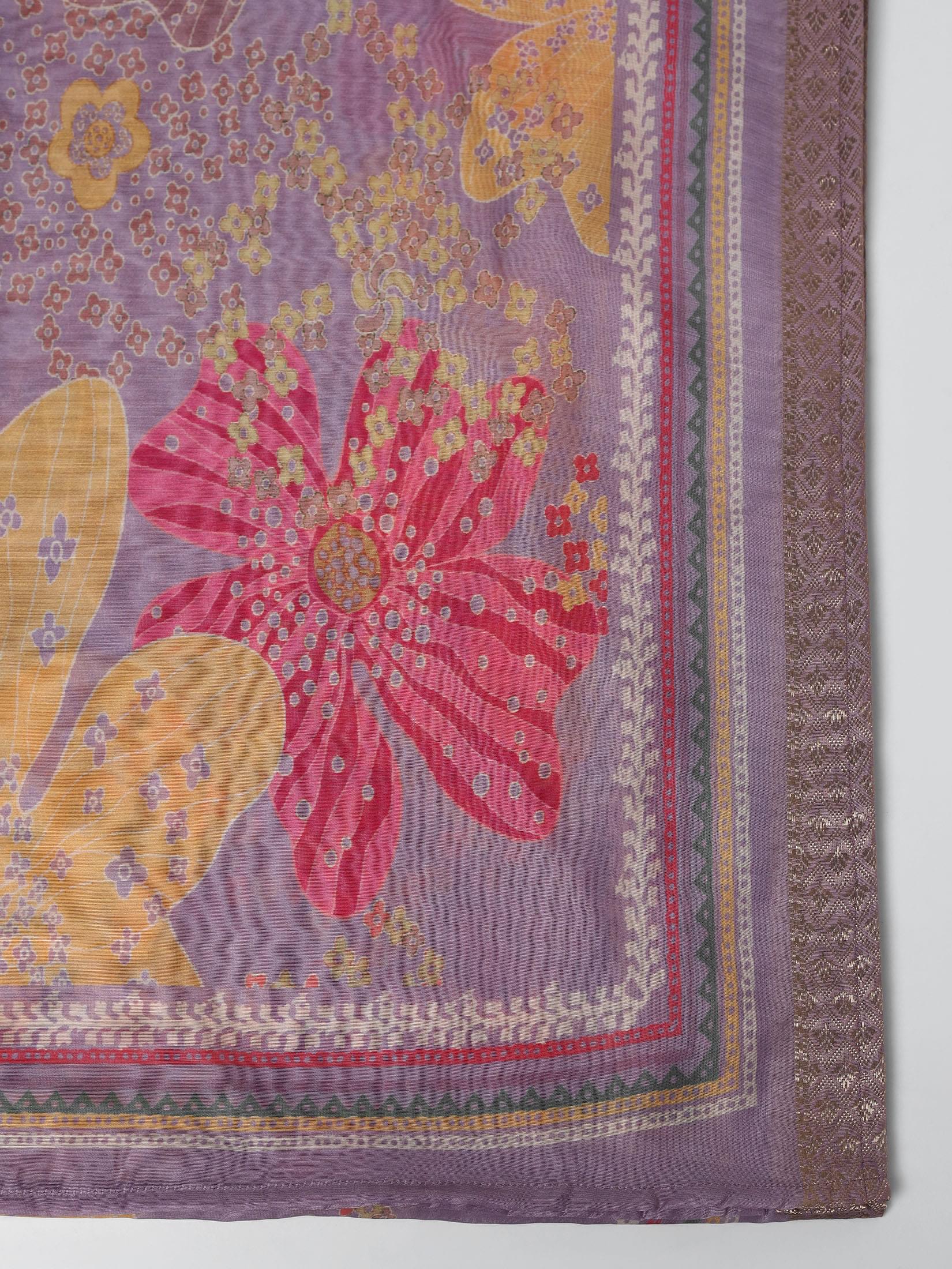 Women Silk Blend Lilac Embroidered Kurta Comfort Pant With Dupatta.
