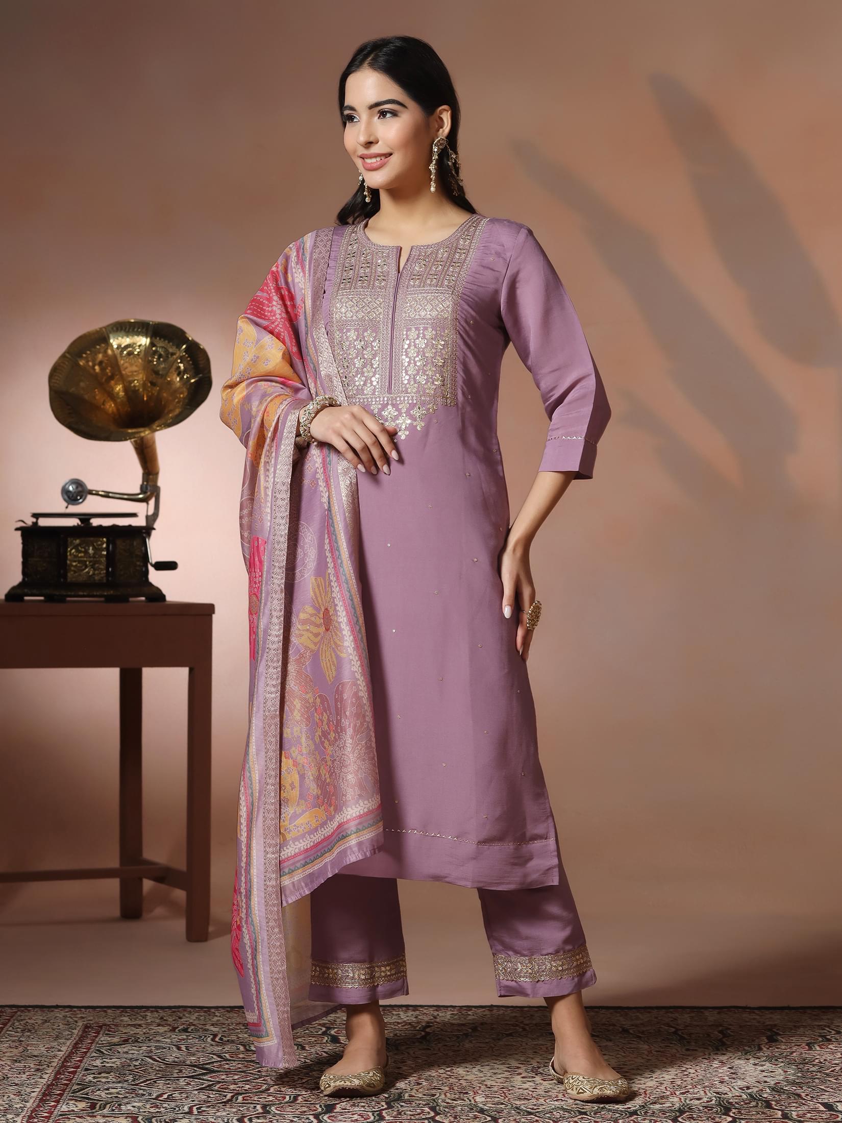 Women Silk Blend Lilac Embroidered Kurta Comfort Pant With Dupatta.