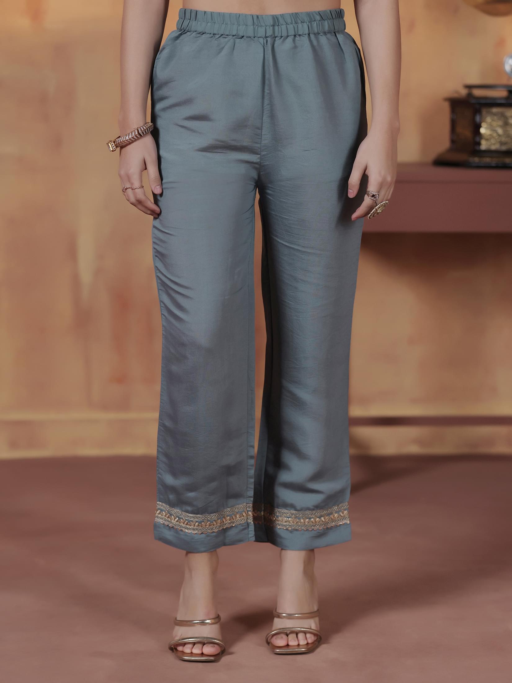 Women Silk Blend Blue Embroidered Kurta Comfort Pant With Dupatta.