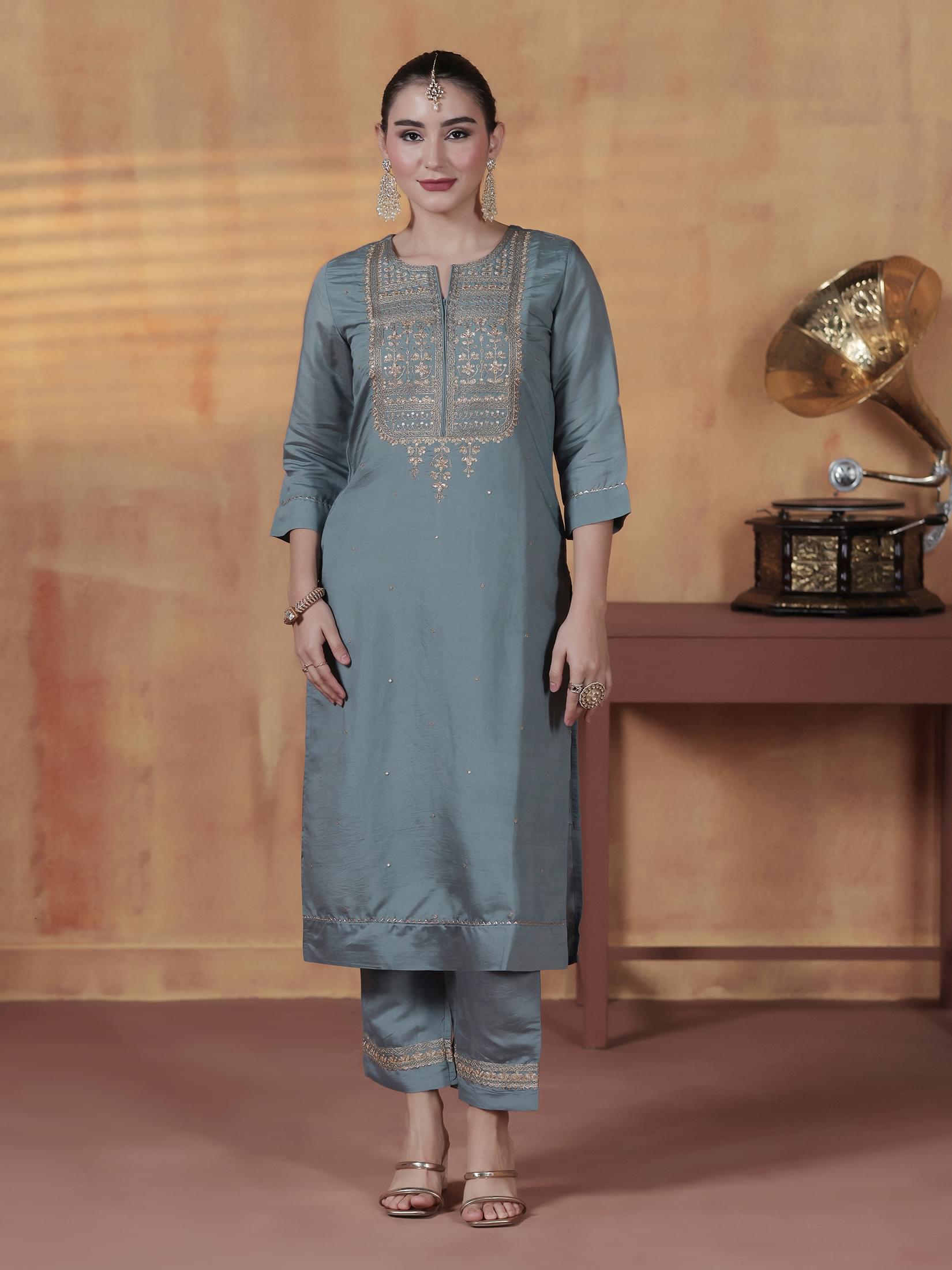 Women Silk Blend Blue Embroidered Kurta Comfort Pant With Dupatta.
