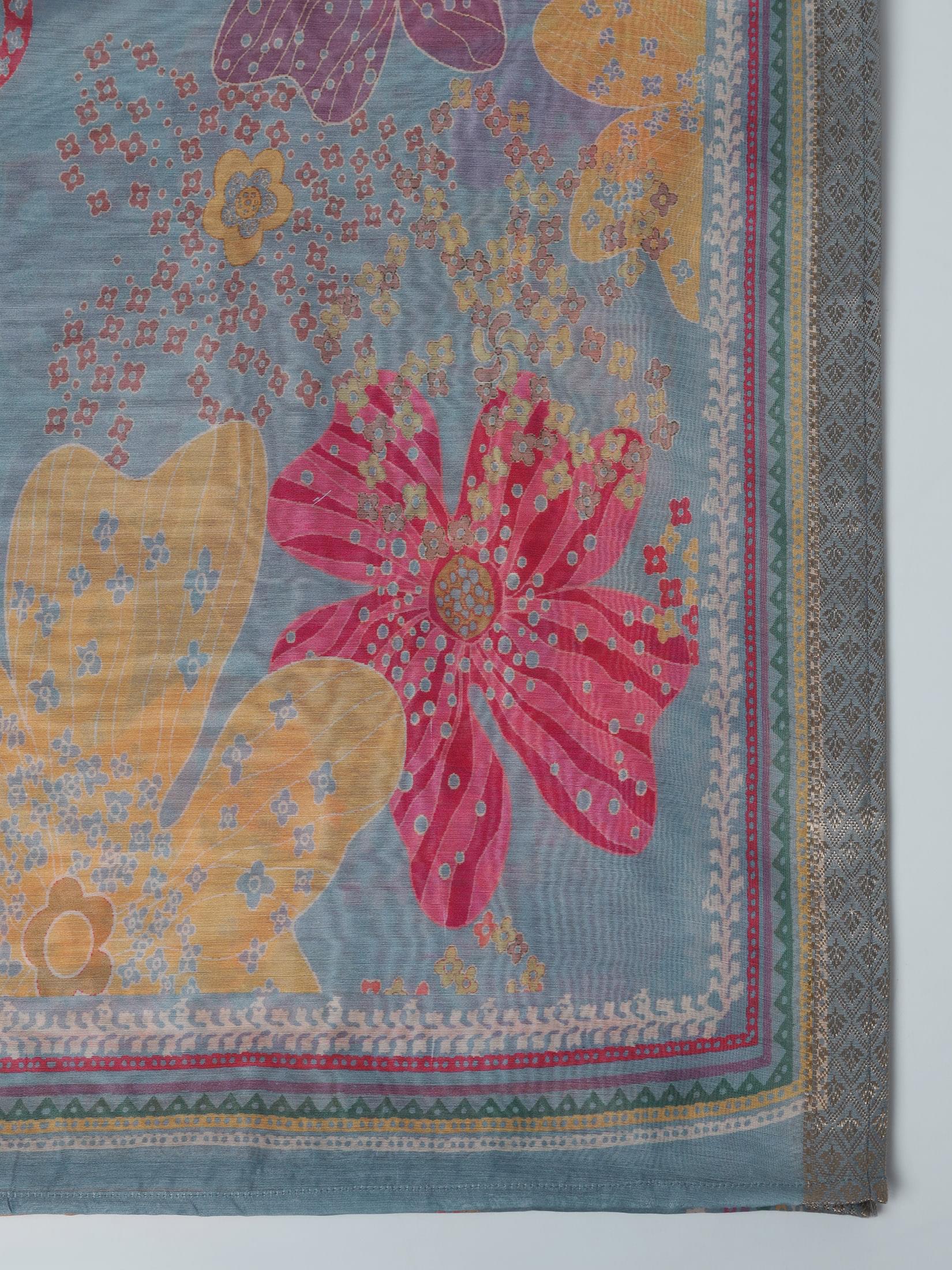 Women Silk Blend Blue Embroidered Kurta Comfort Pant With Dupatta.