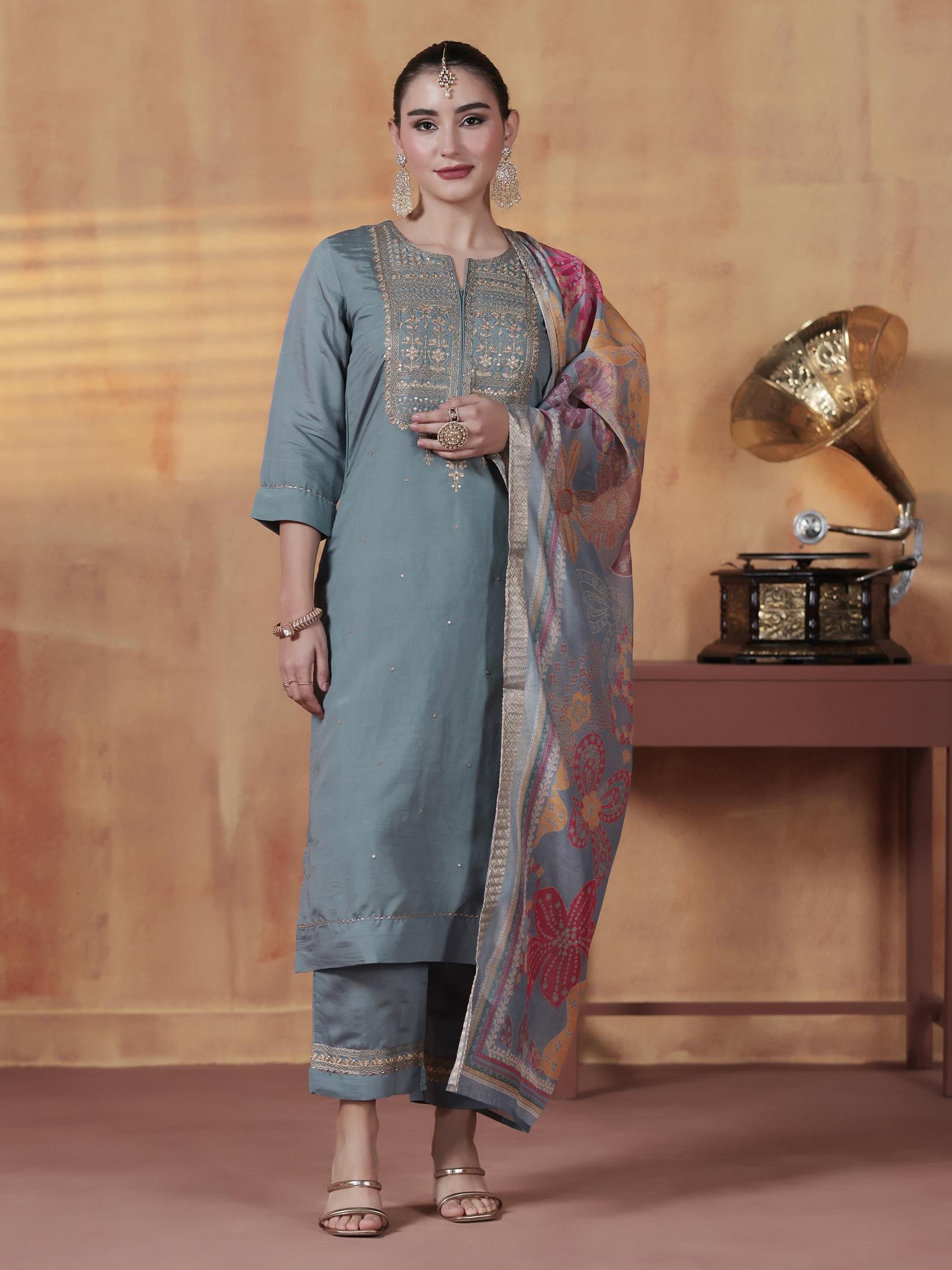 Ocean blue embroidered silk blend elegant design straight line kurta set