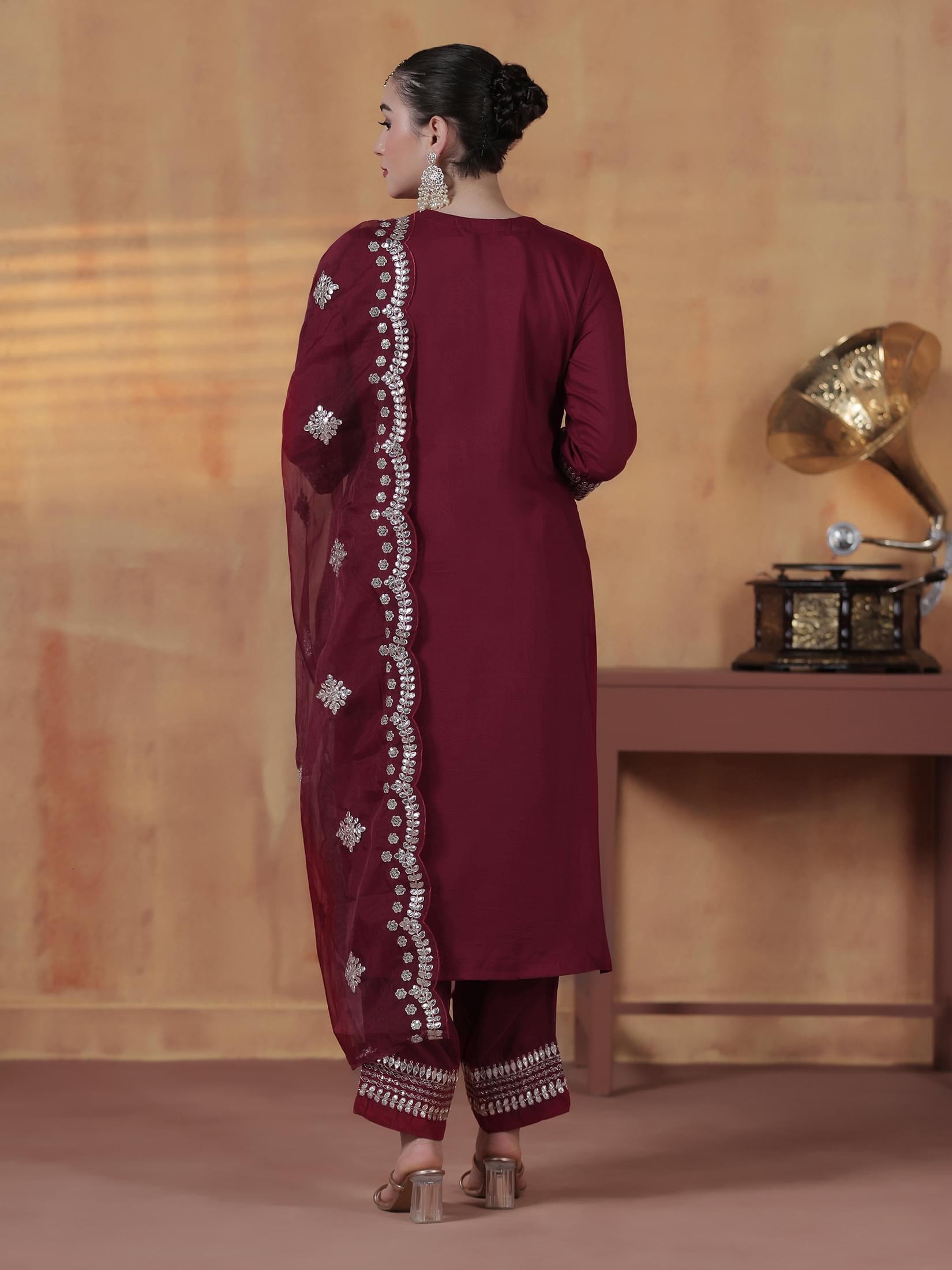 Women Silk Blend Maroon Embroidered Kurta Comfort Pant With Dupatta.
