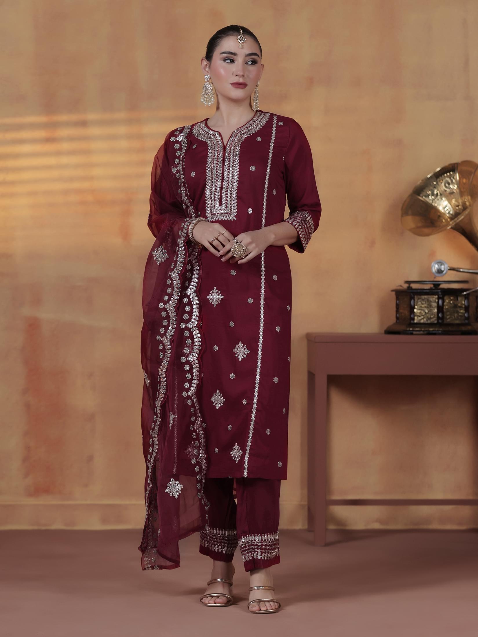 Women Silk Blend Maroon Embroidered Kurta Comfort Pant With Dupatta.