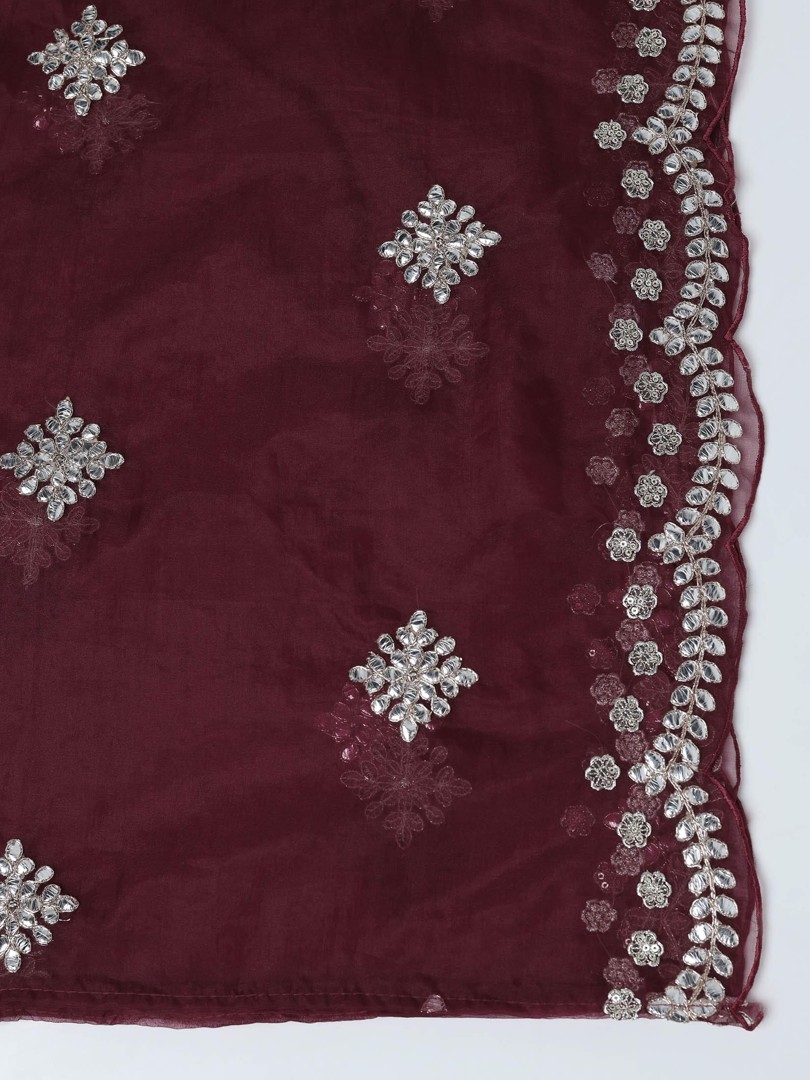 Women Silk Blend Maroon Embroidered Kurta Comfort Pant With Dupatta.