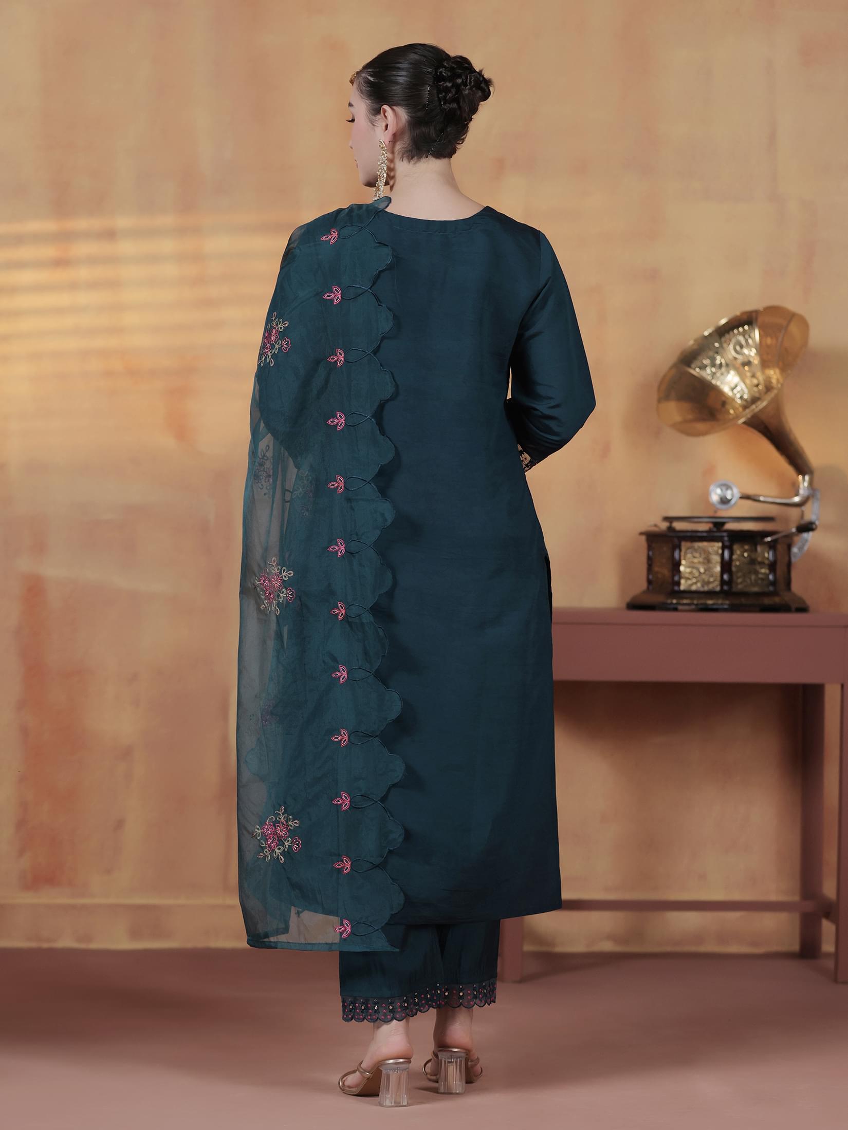 Women Silk Blend Blue Embroidered Kurta Comfort Pant Dupatta.