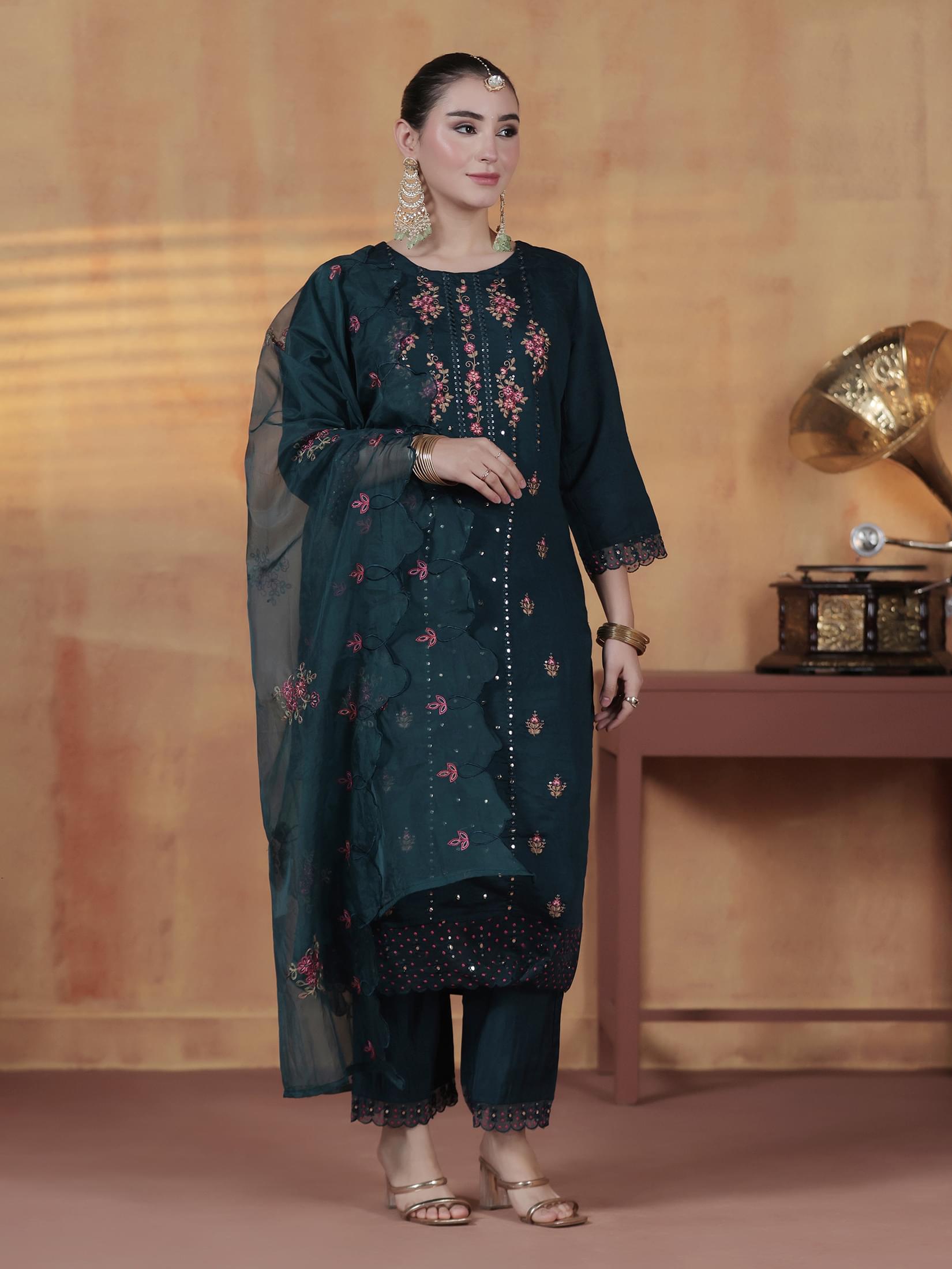 Women Silk Blend Blue Embroidered Kurta Comfort Pant Dupatta.