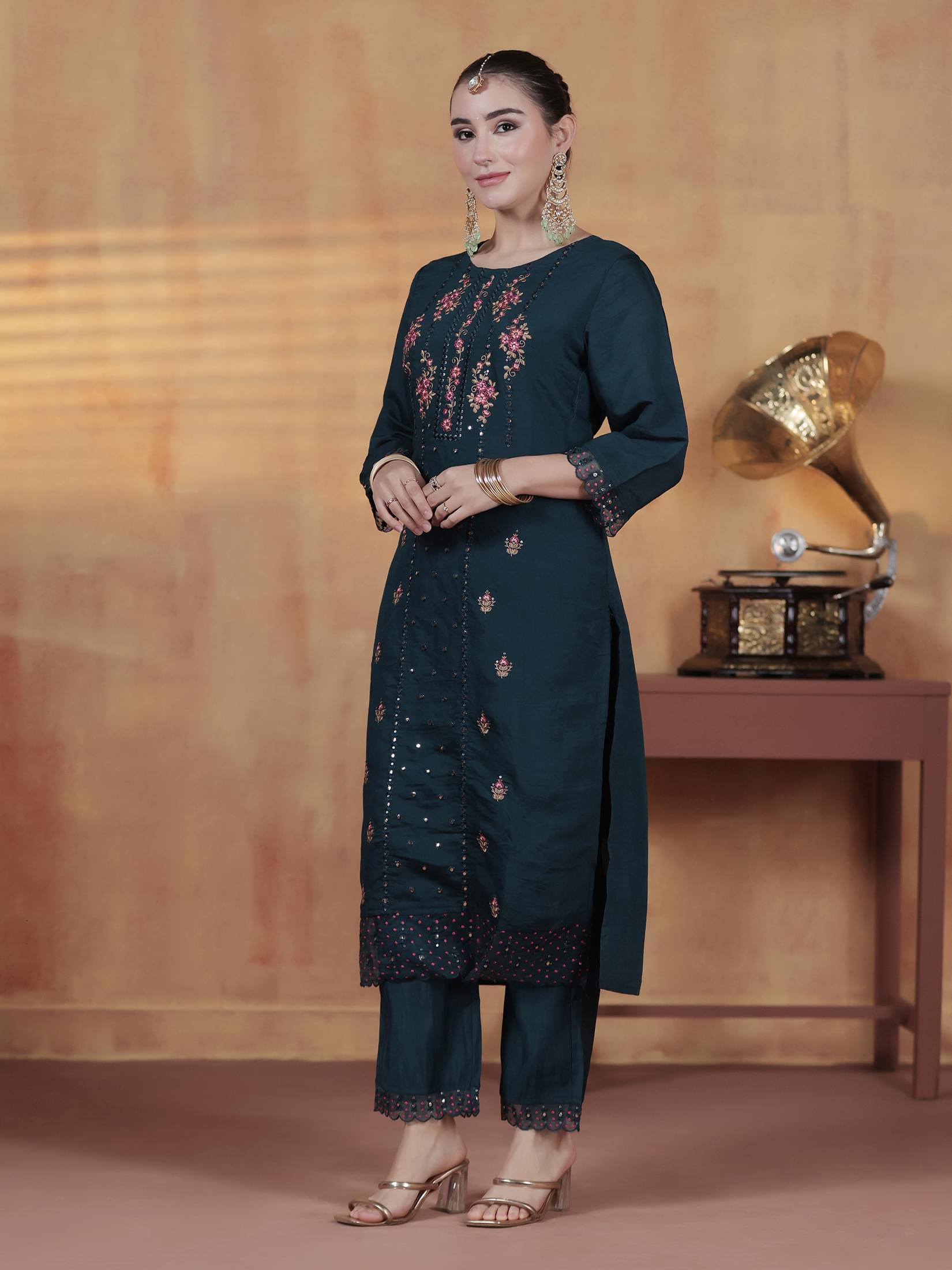 Women Silk Blend Blue Embroidered Kurta Comfort Pant Dupatta.