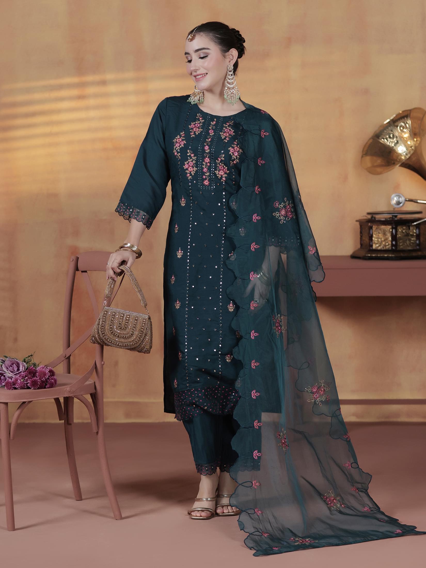 Royal blue embroidered silk blend comfortable fit traditional dupatta suit