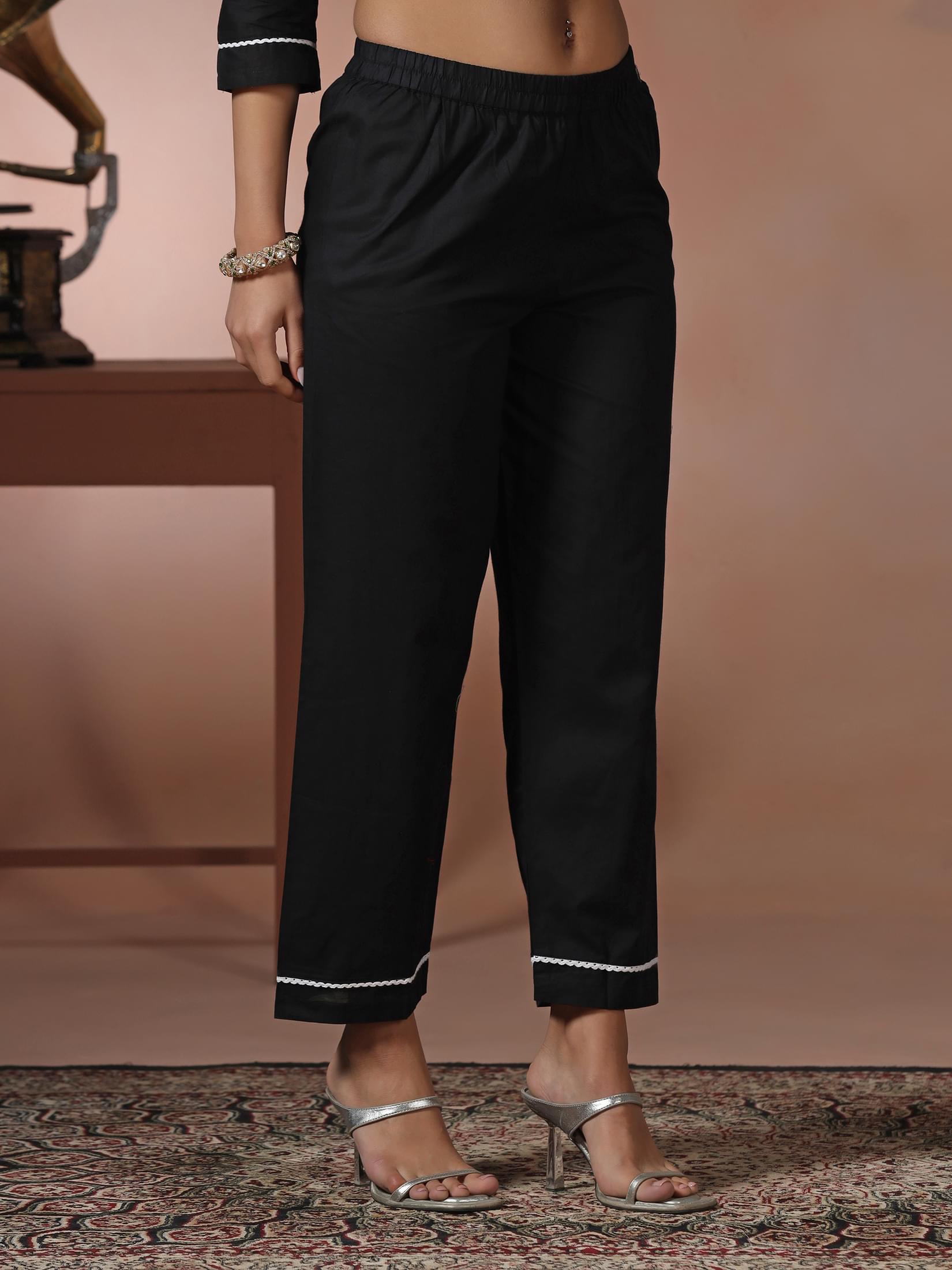 Women Cotton Black Embroidered Kurta Comfort Pant Dupatta.