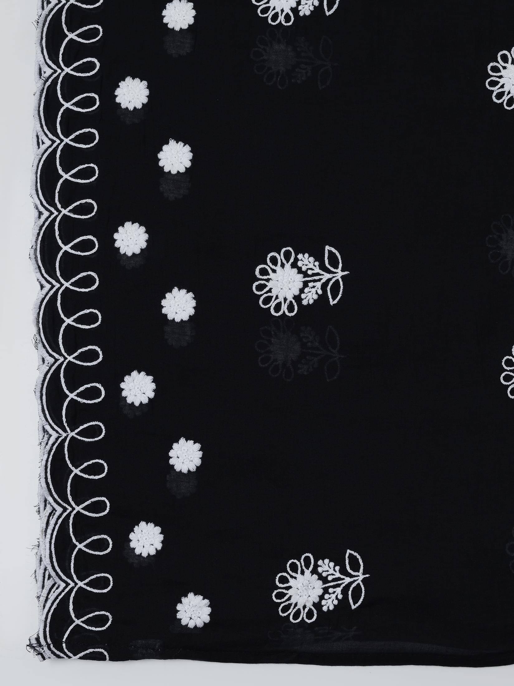 Women Cotton Black Embroidered Kurta Comfort Pant Dupatta.