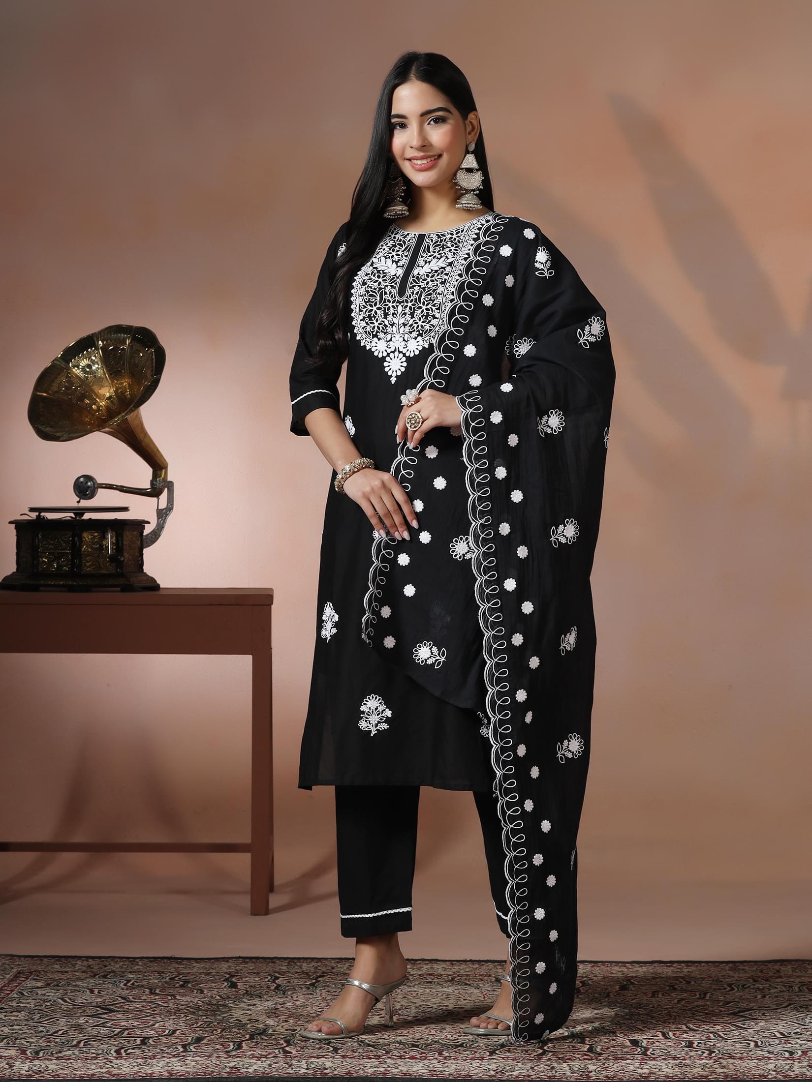 Midnight black intricate embroidered cotton fabric daily wear suit set