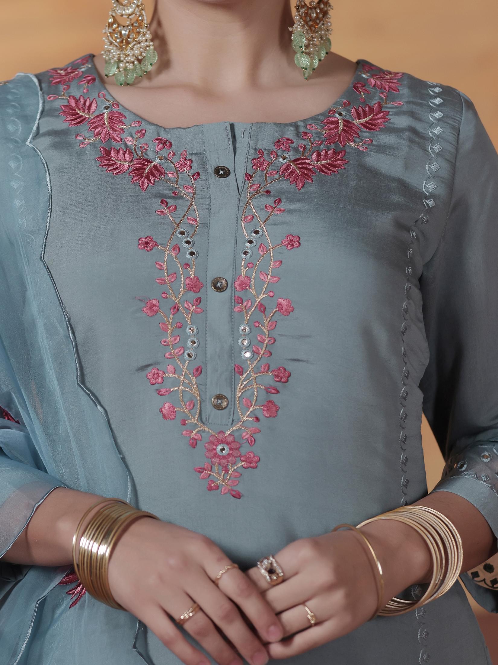 Women Silk Blend Powder Blue Embroidered Kurta Comfort Pant Dupatta.