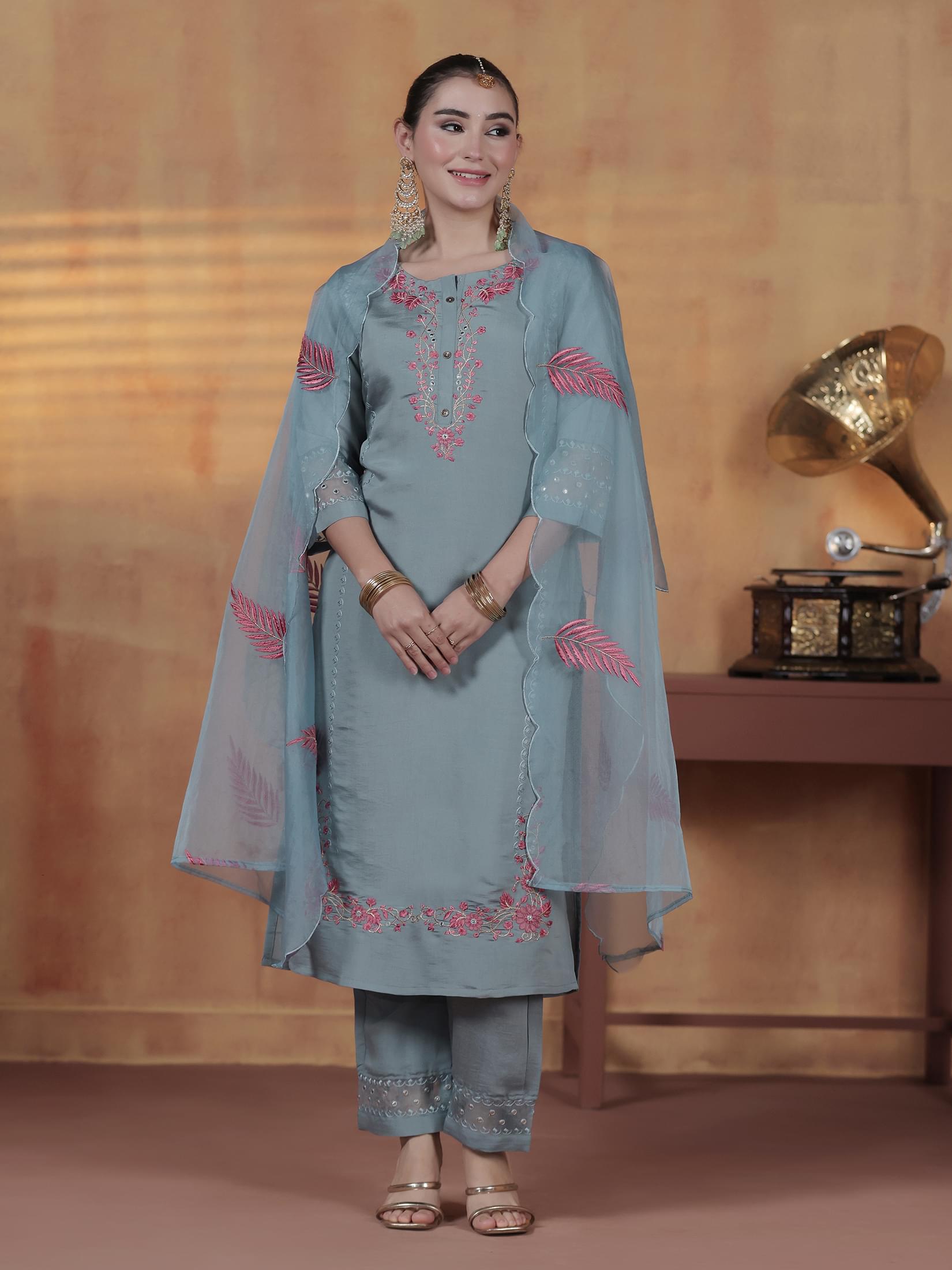 Powder blue pastel embroidered silk blend elegant formal trousers suit set