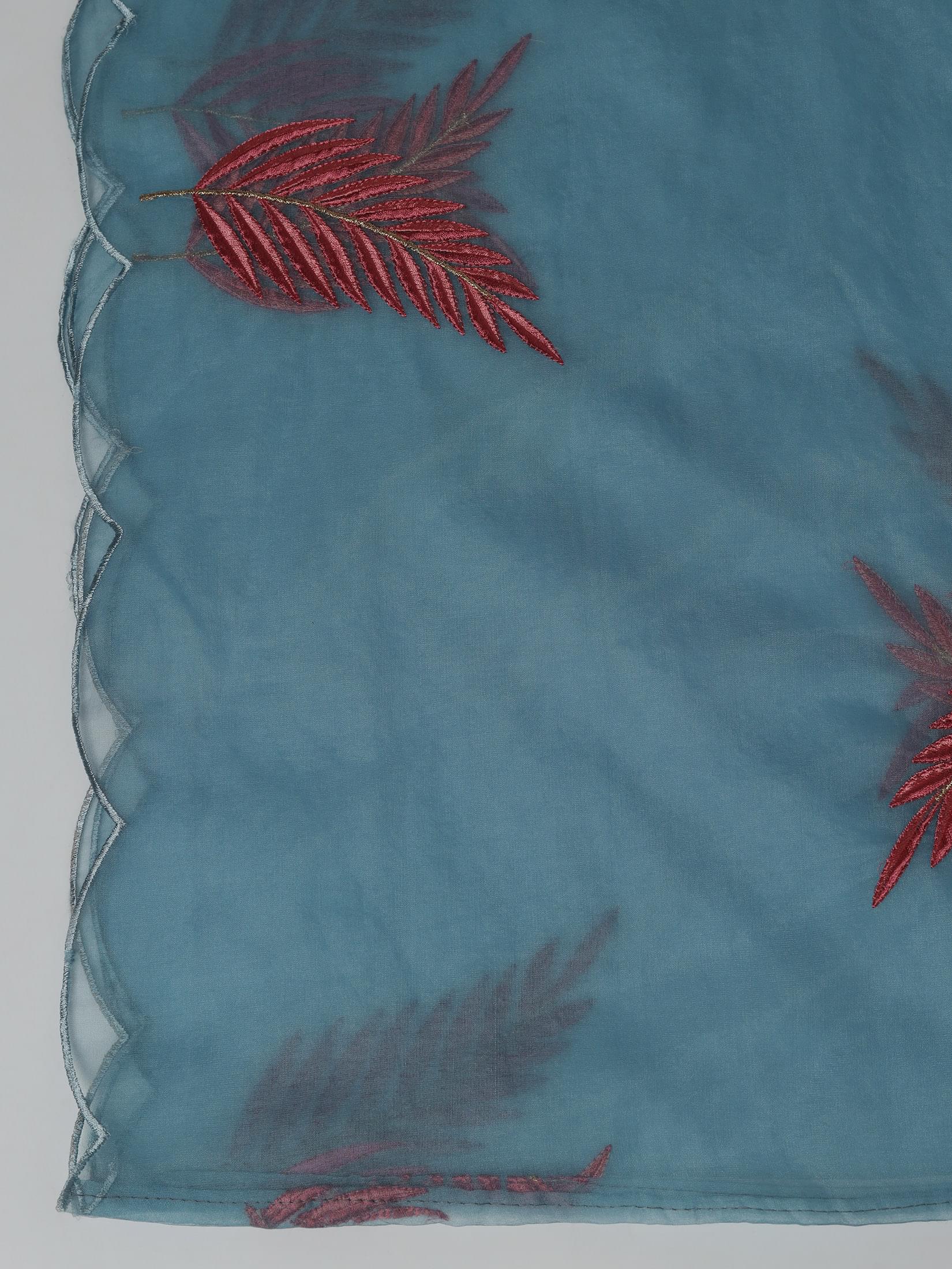 Women Silk Blend Powder Blue Embroidered Kurta Comfort Pant Dupatta.