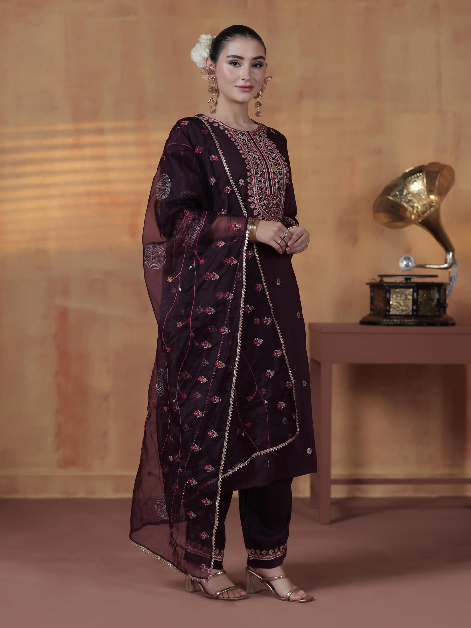 Silk Blend Orchid Embroidered Kurta Comfort Pant Dupatta.