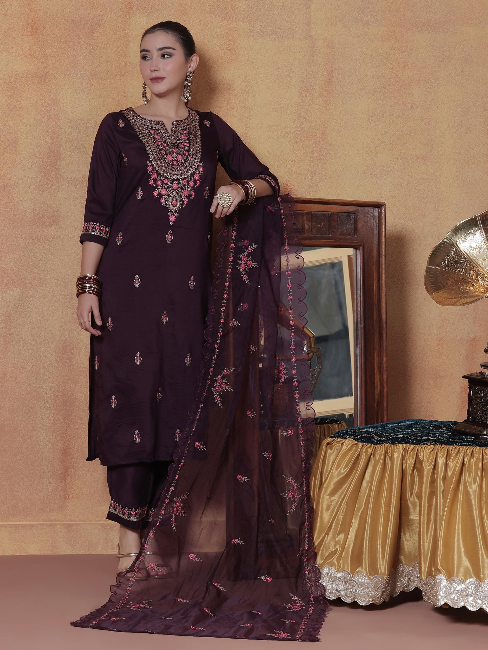 Orchid purple embroidered silk blend high quality ethnic suit set byshree