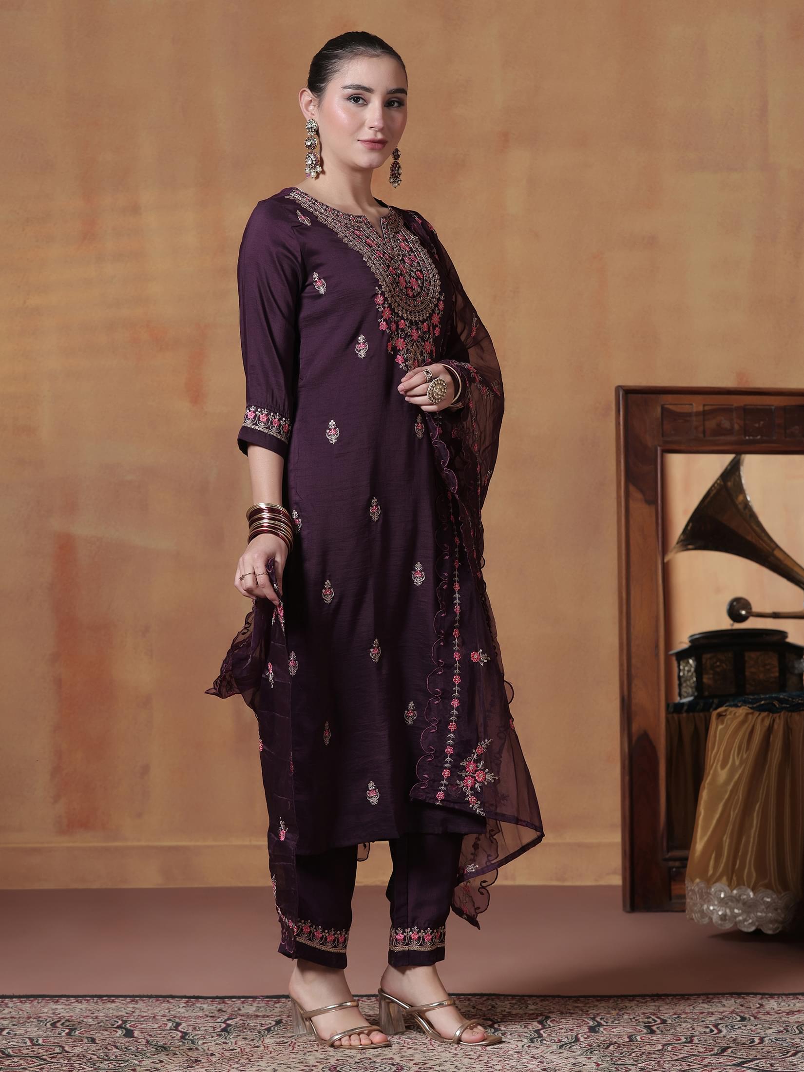 Women Orchid Silk Blend Embroidered Kurta Comfort Pant Dupatta.