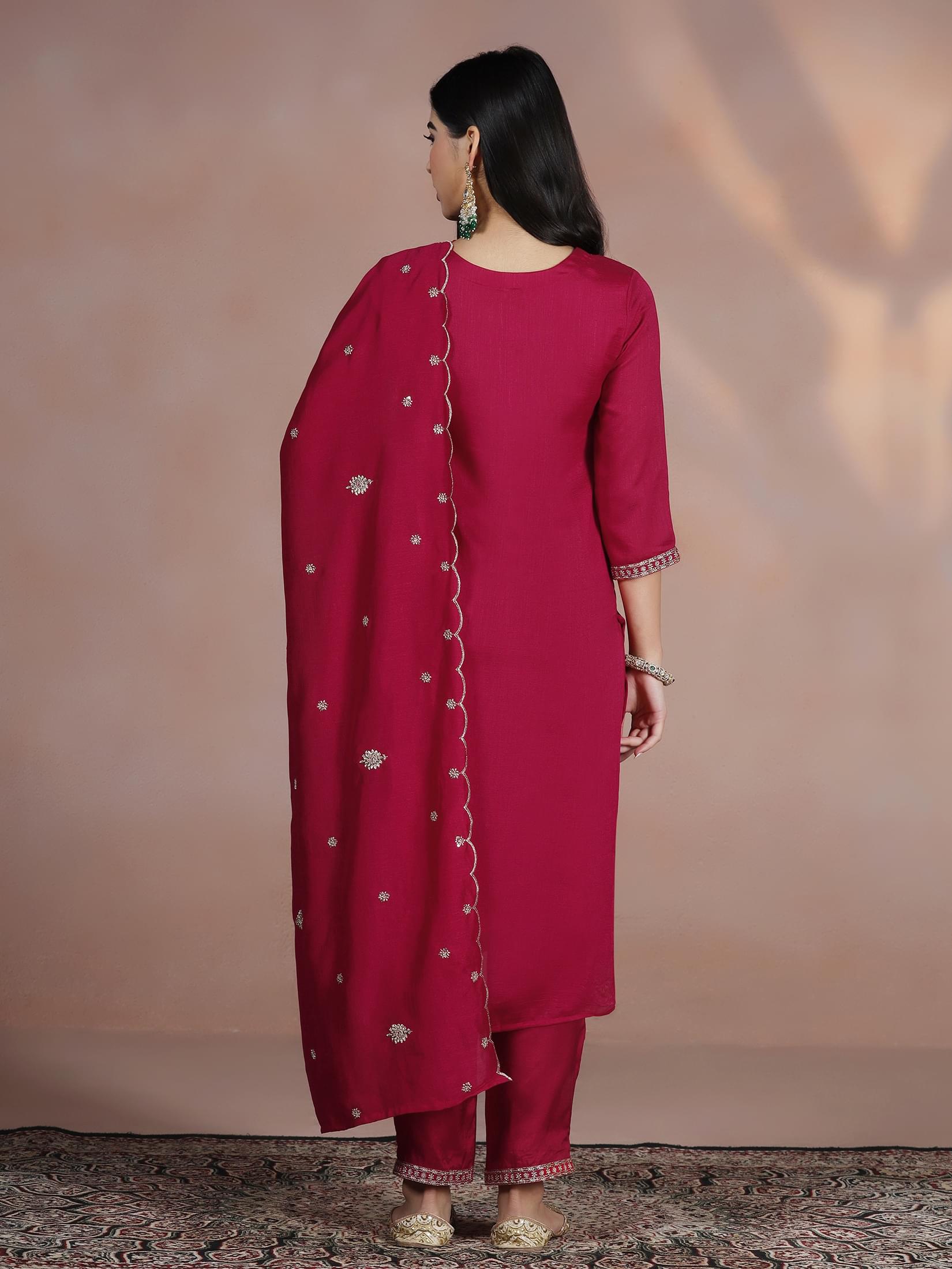 Women Silk Blend Fuchsia Embroidered Kurta Comfort Pant Dupatta.