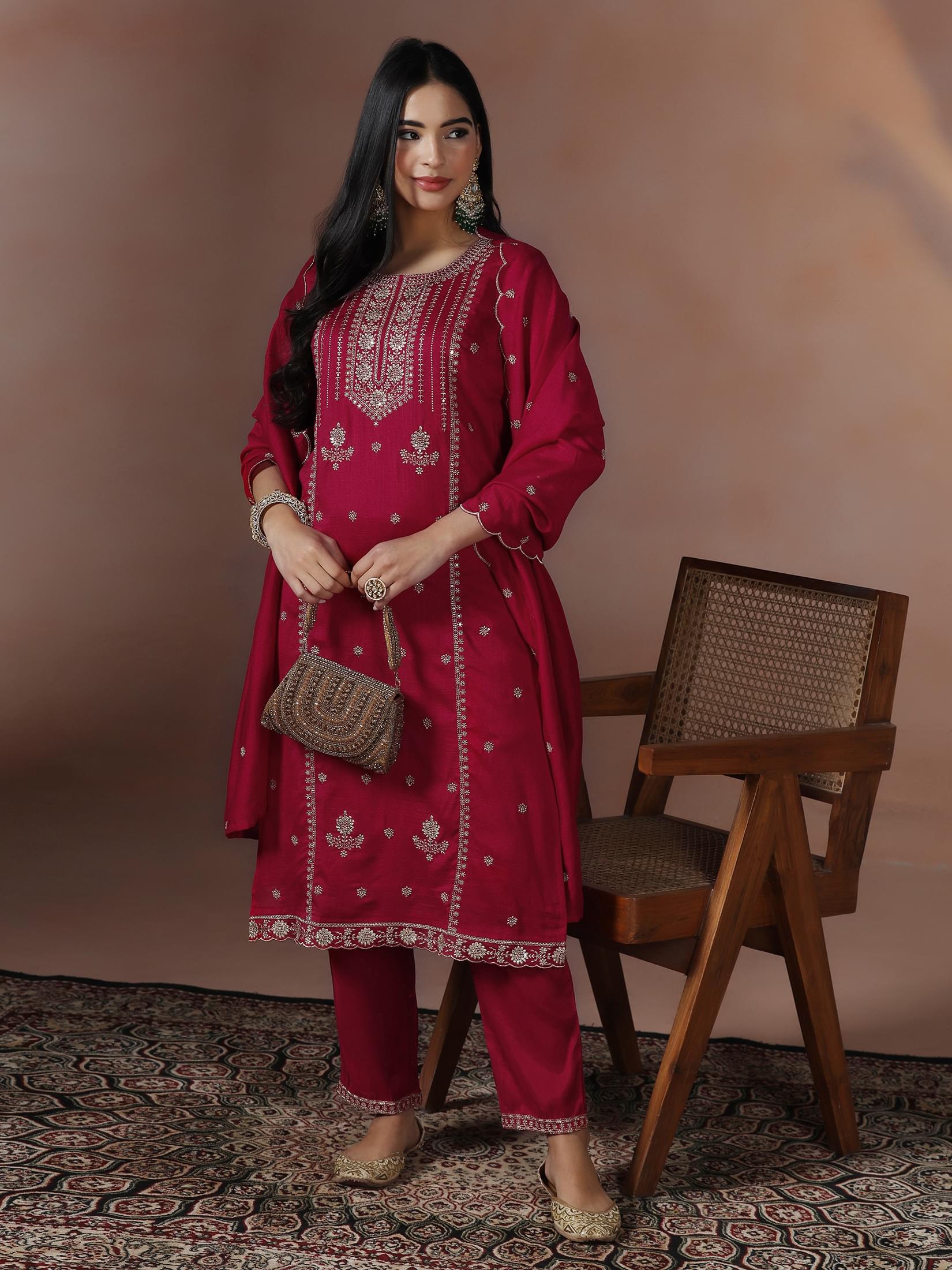 Women Silk Blend Fuchsia Embroidered Kurta Comfort Pant Dupatta.