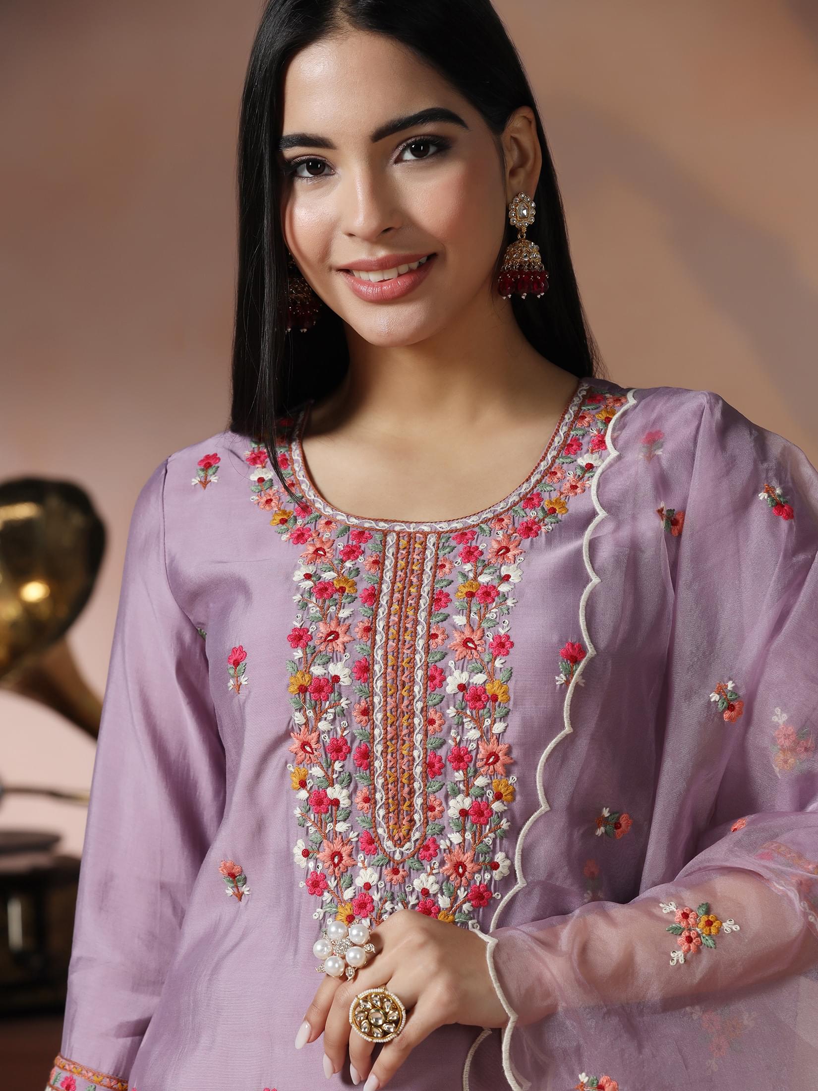 Women Lilac Silk Blend Embroidered Kurta Comfort Pant Dupatta.