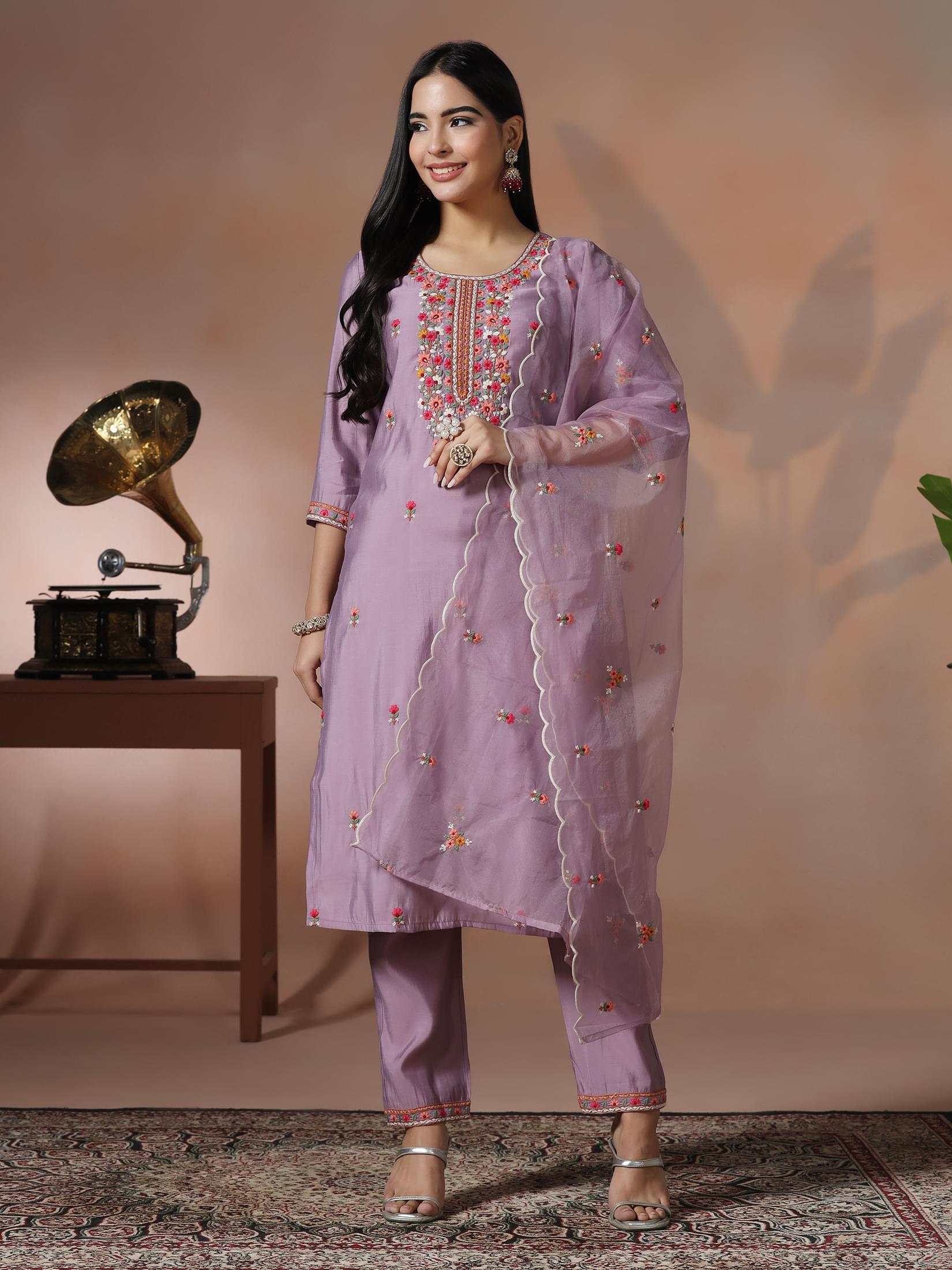 Women Lilac Silk Blend Embroidered Kurta Comfort Pant Dupatta.