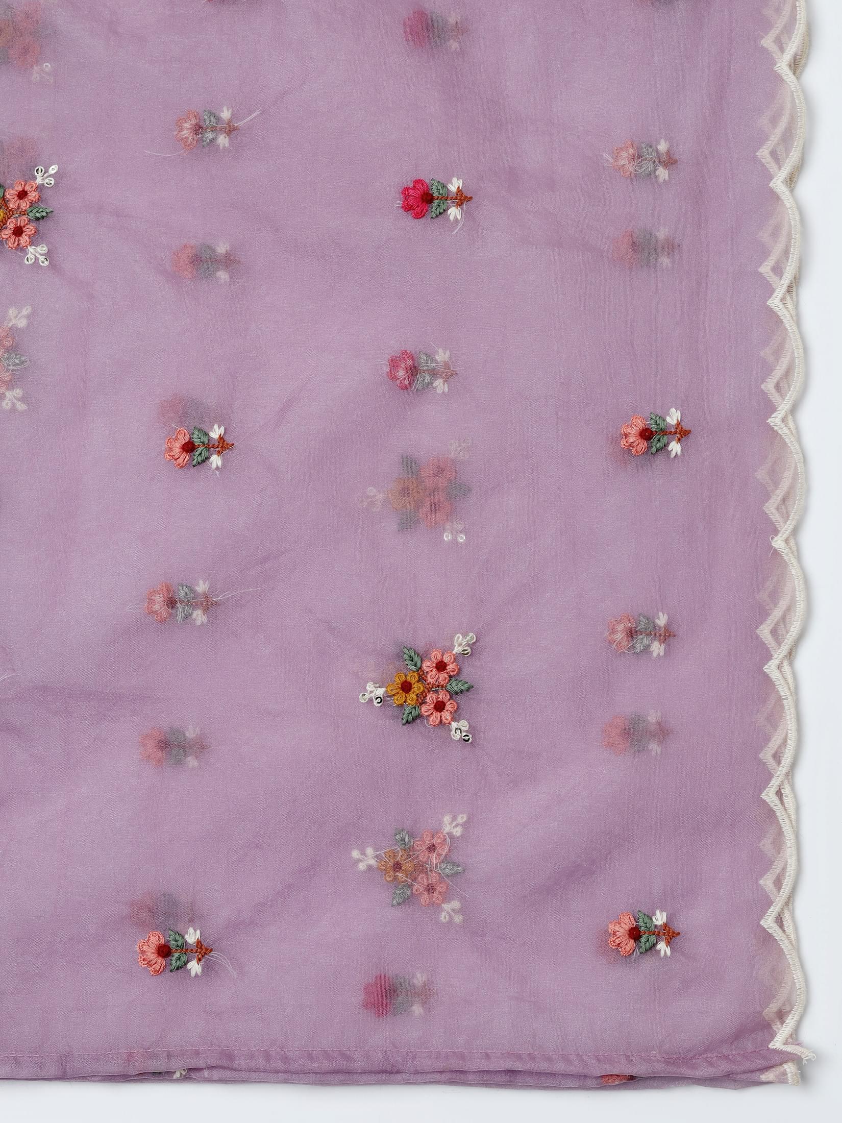 Women Lilac Silk Blend Embroidered Kurta Comfort Pant Dupatta.