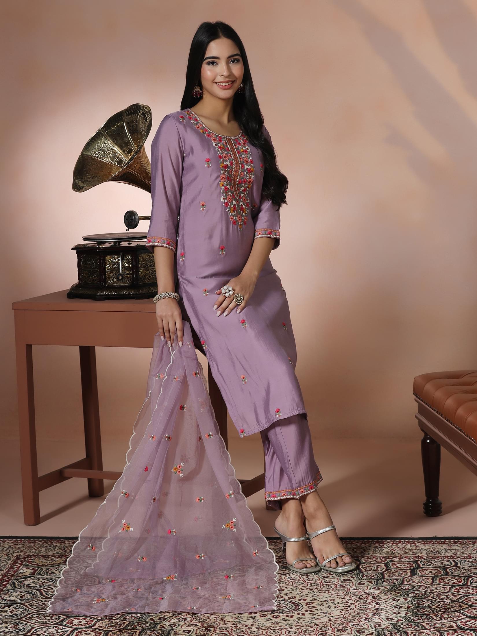 Lilac purple embroidered premium silk blend party wear salwar suit
