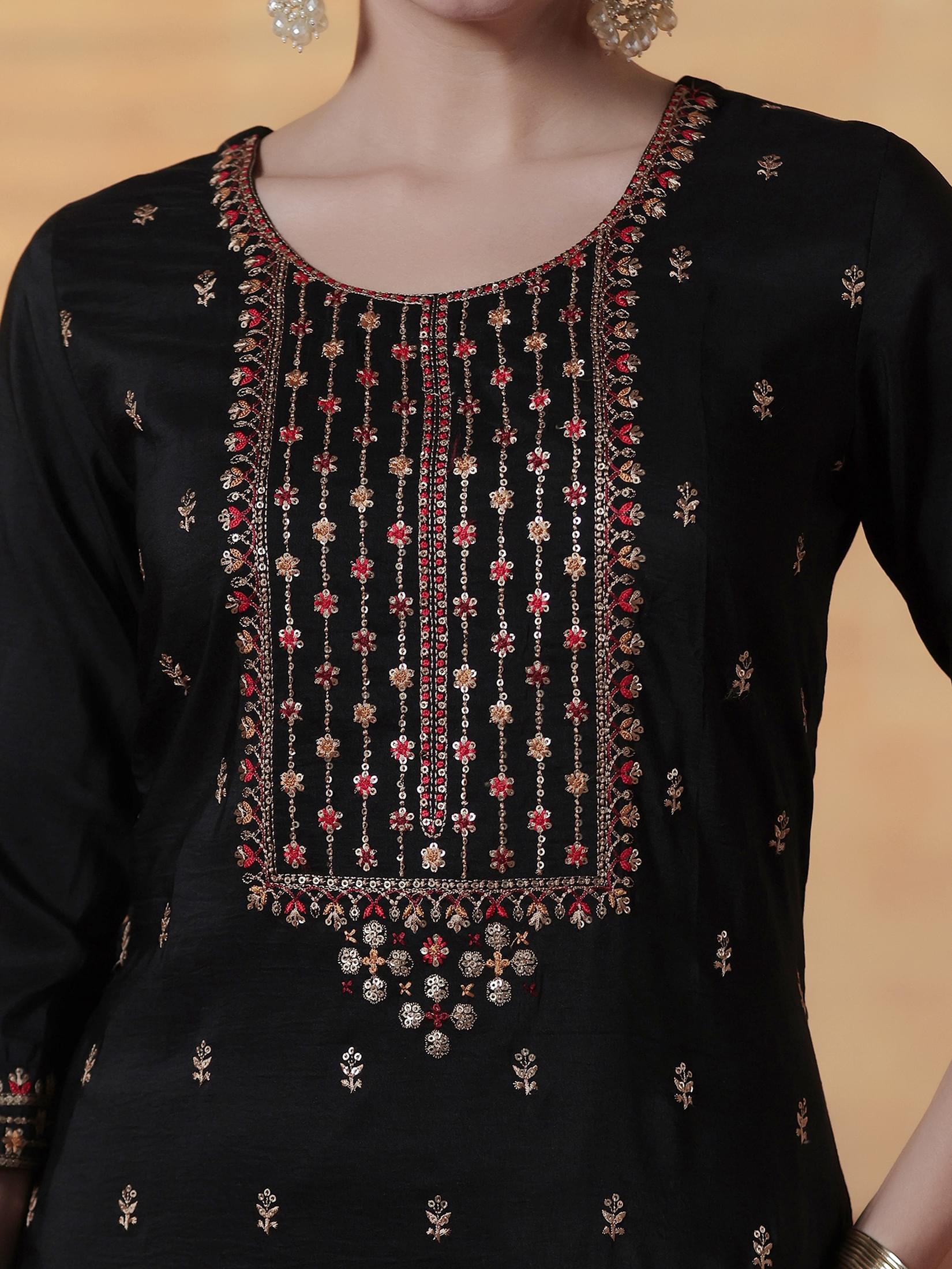 Women Chinon Black Embroidered Kurta Comfort Pant Dupatta.
