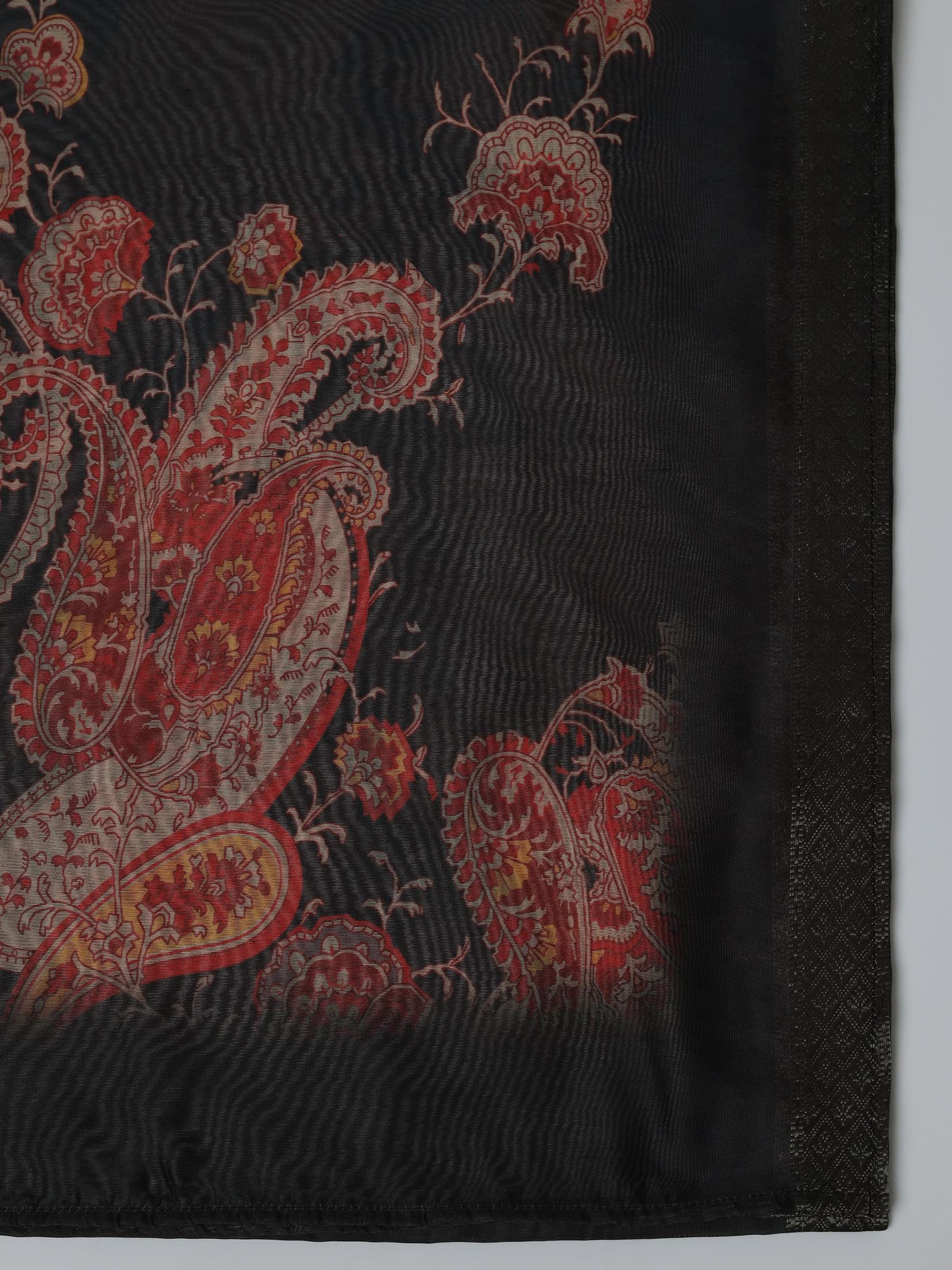 Women Chinon Black Embroidered Kurta Comfort Pant Dupatta.