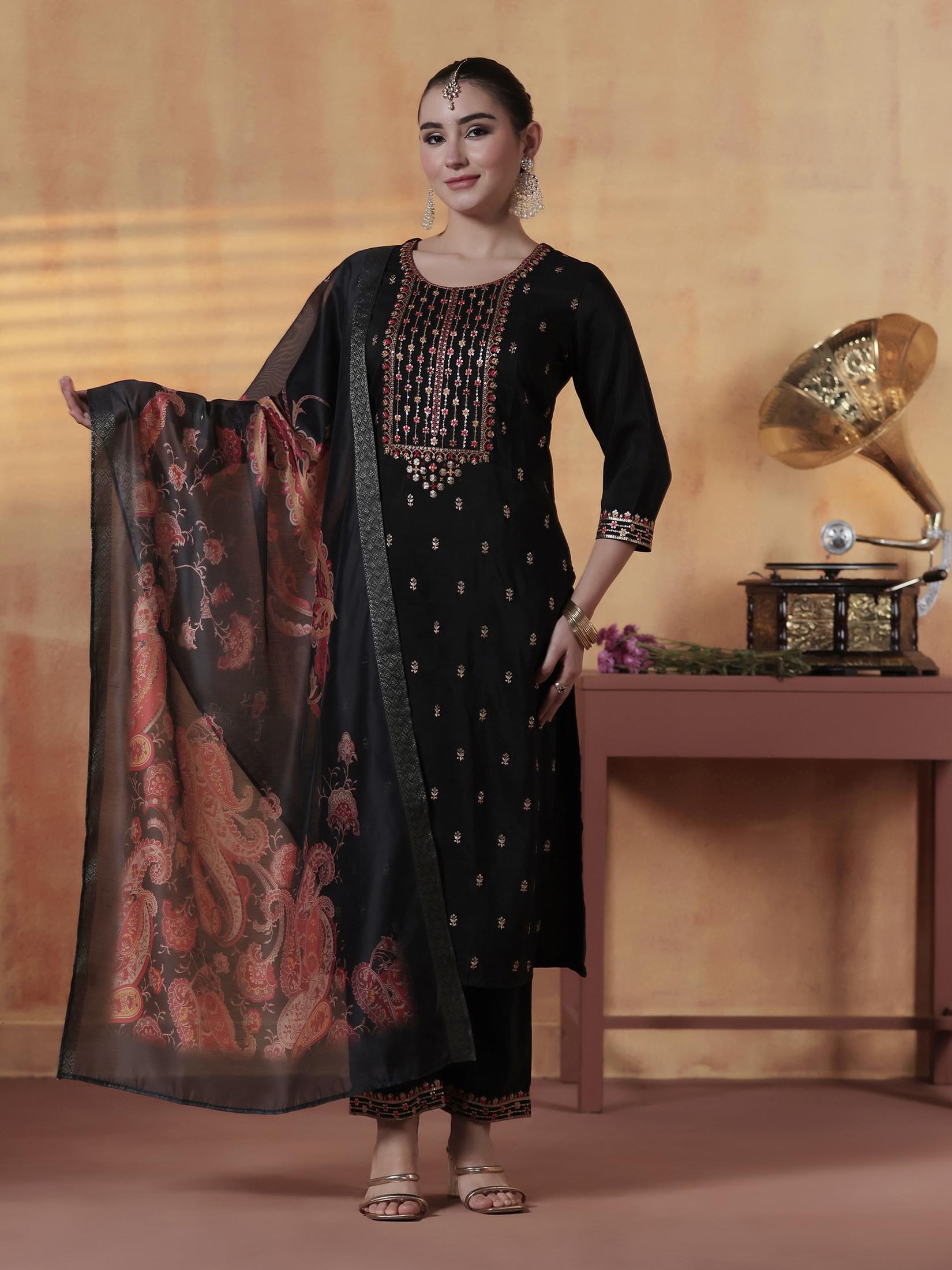 Jet black embroidered Chinon fabric luxury festive wear suit set