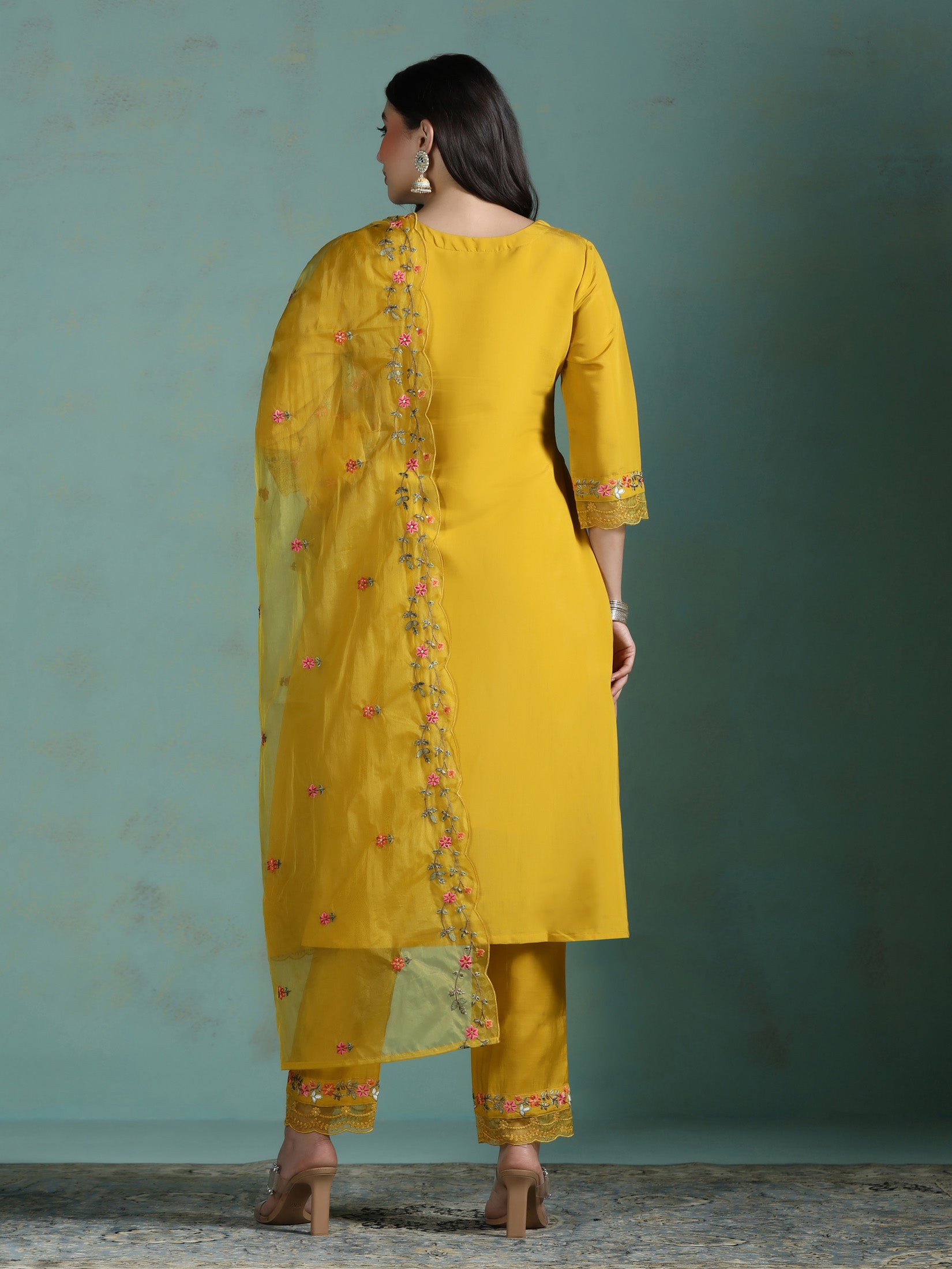 Women Silk Blend Mustard Embroidered Kurta Comfort Pant Dupatta