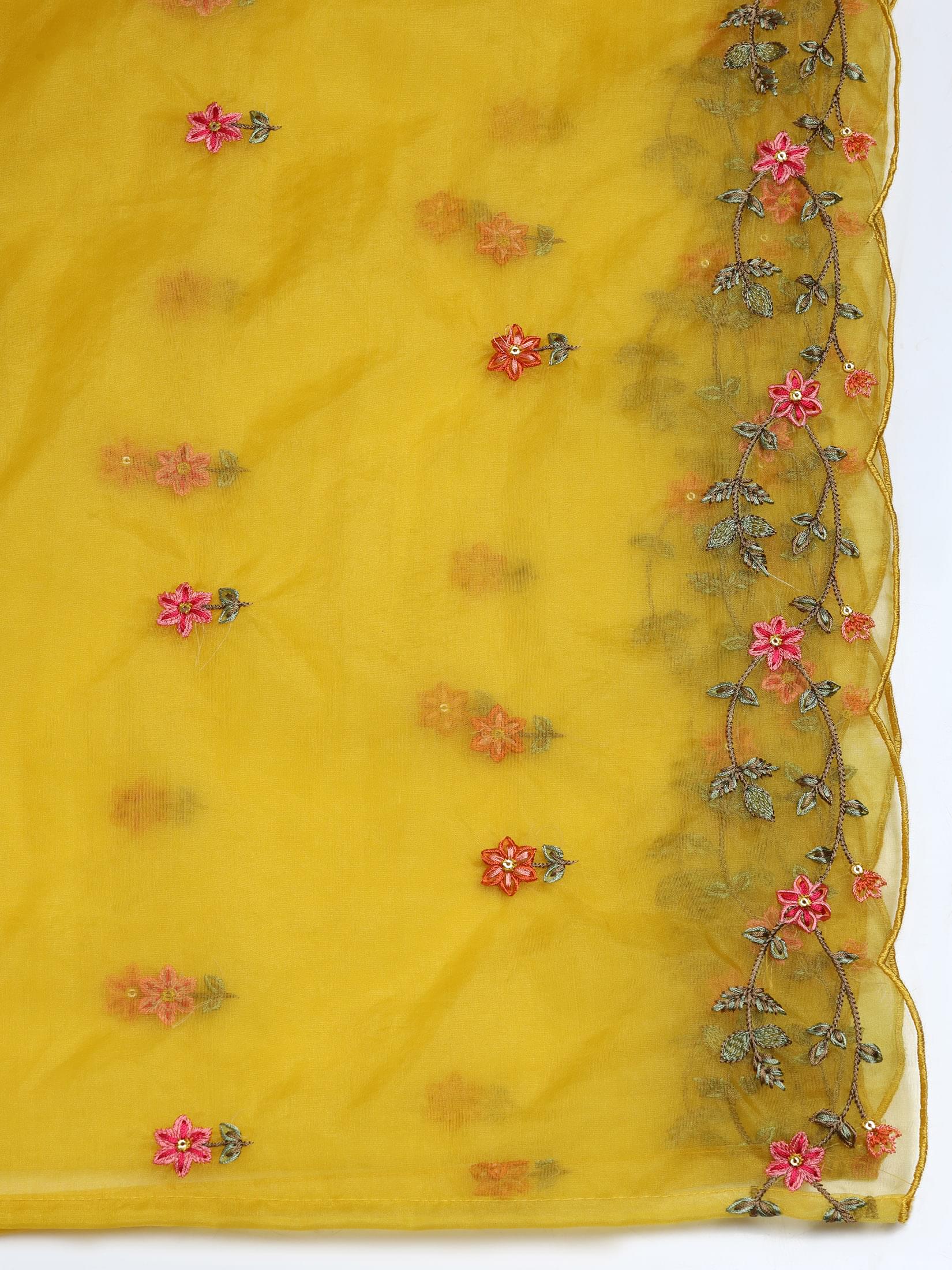Women Silk Blend Mustard Embroidered Kurta Comfort Pant Dupatta.