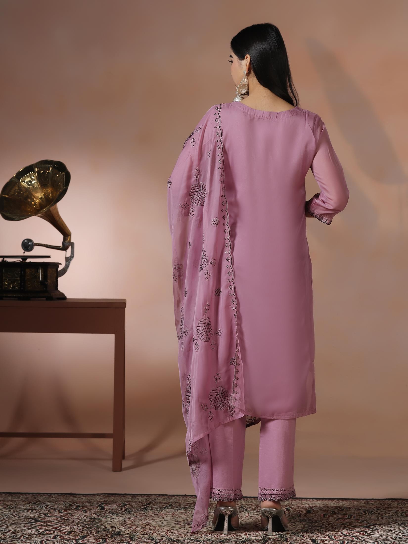 Women Organza Lilac Embroidered Kurta Comfort Pant Dupatta.