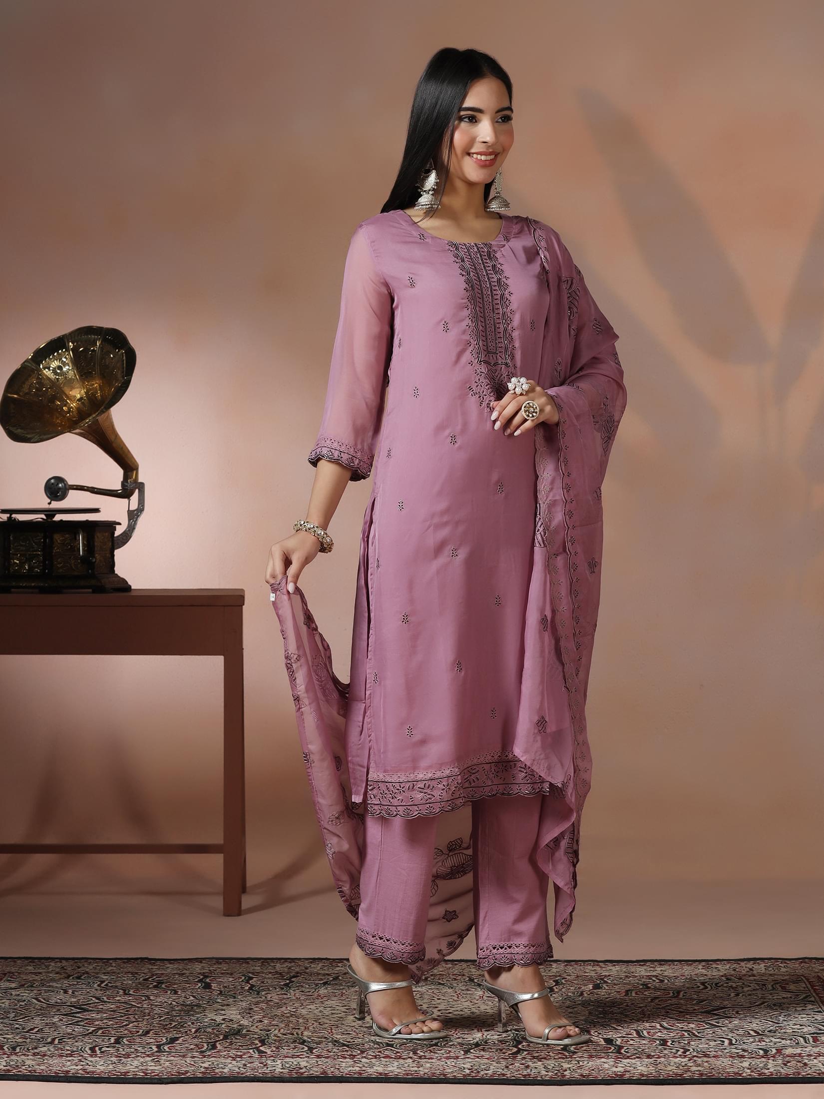 Women Organza Lilac Embroidered Kurta Comfort Pant Dupatta.