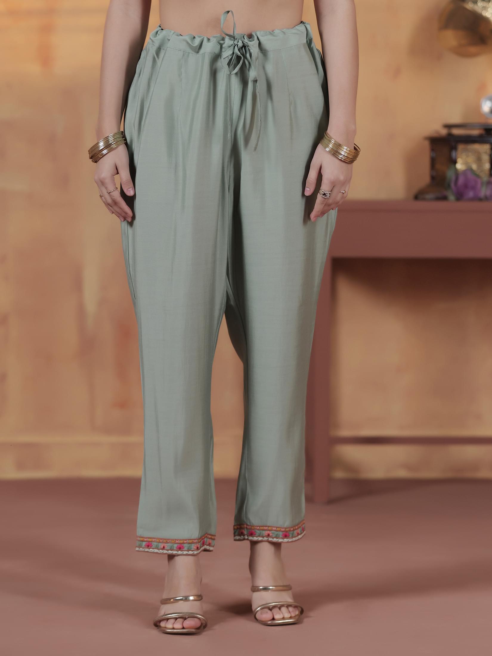 Women Silk Blend Green Embroidered Kurta Comfort Pant Dupatta.
