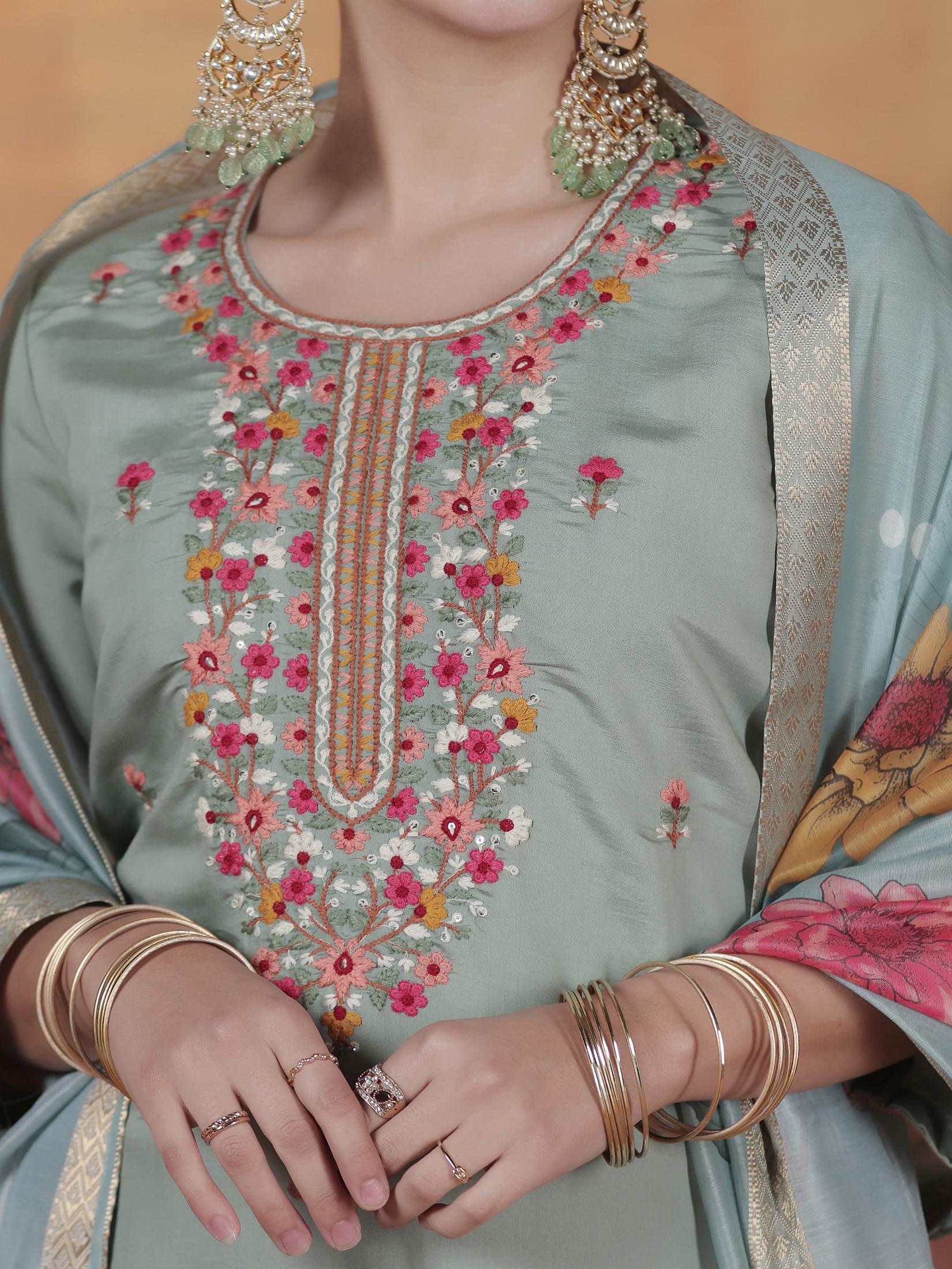 Women Silk Blend Green Embroidered Kurta Comfort Pant Dupatta.