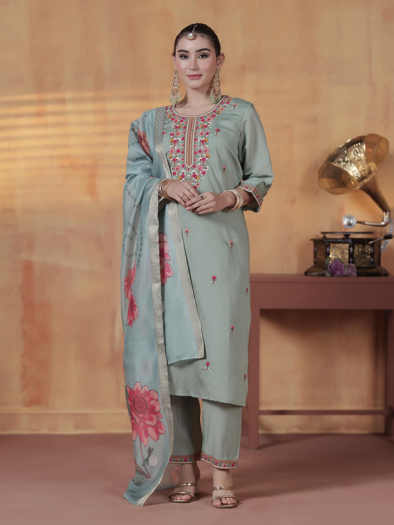 Women Silk Blend Green Embroidered Kurta Comfort Pant Dupatta.