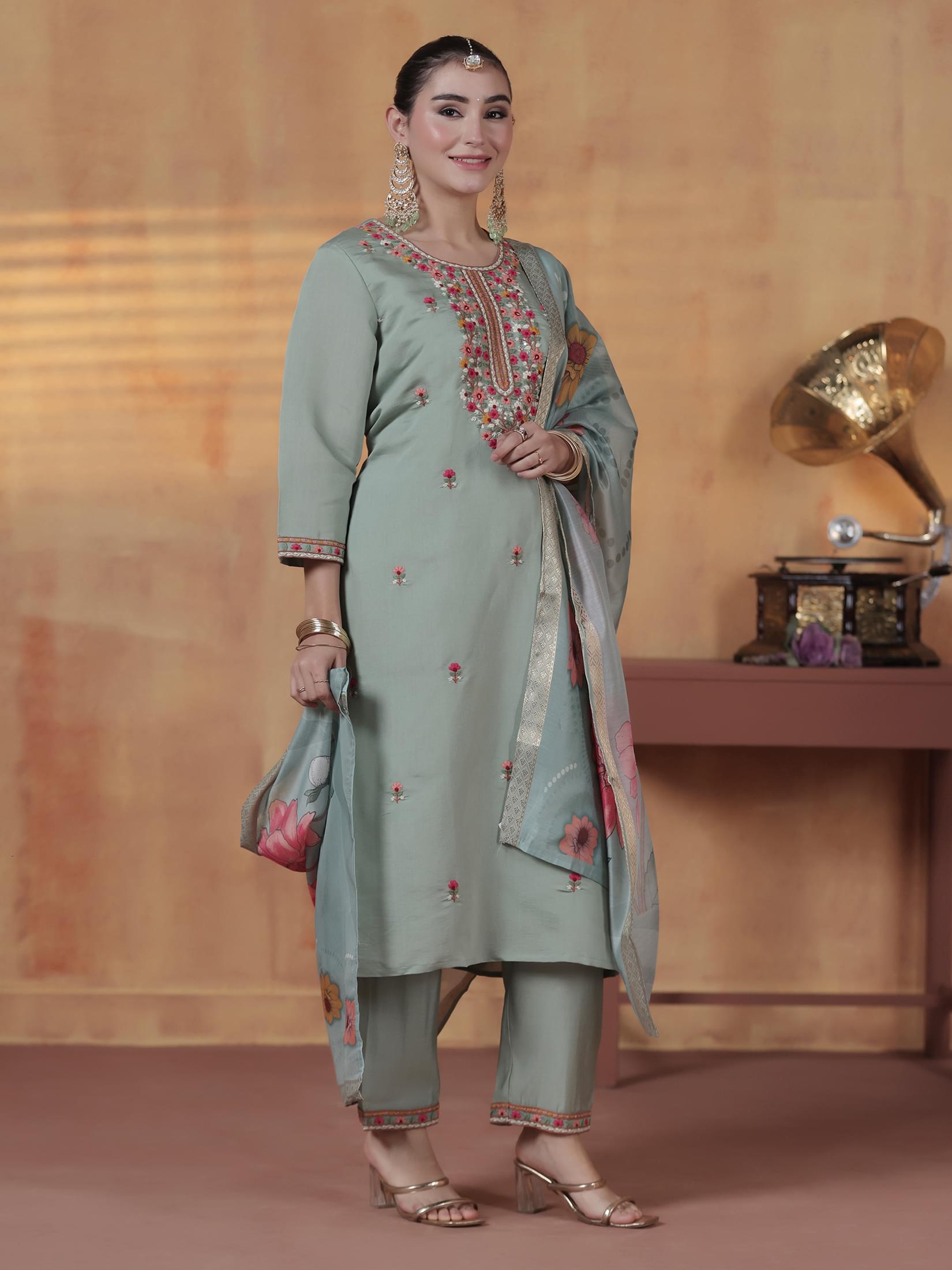 Women Silk Blend Green Embroidered Kurta Comfort Pant Dupatta.