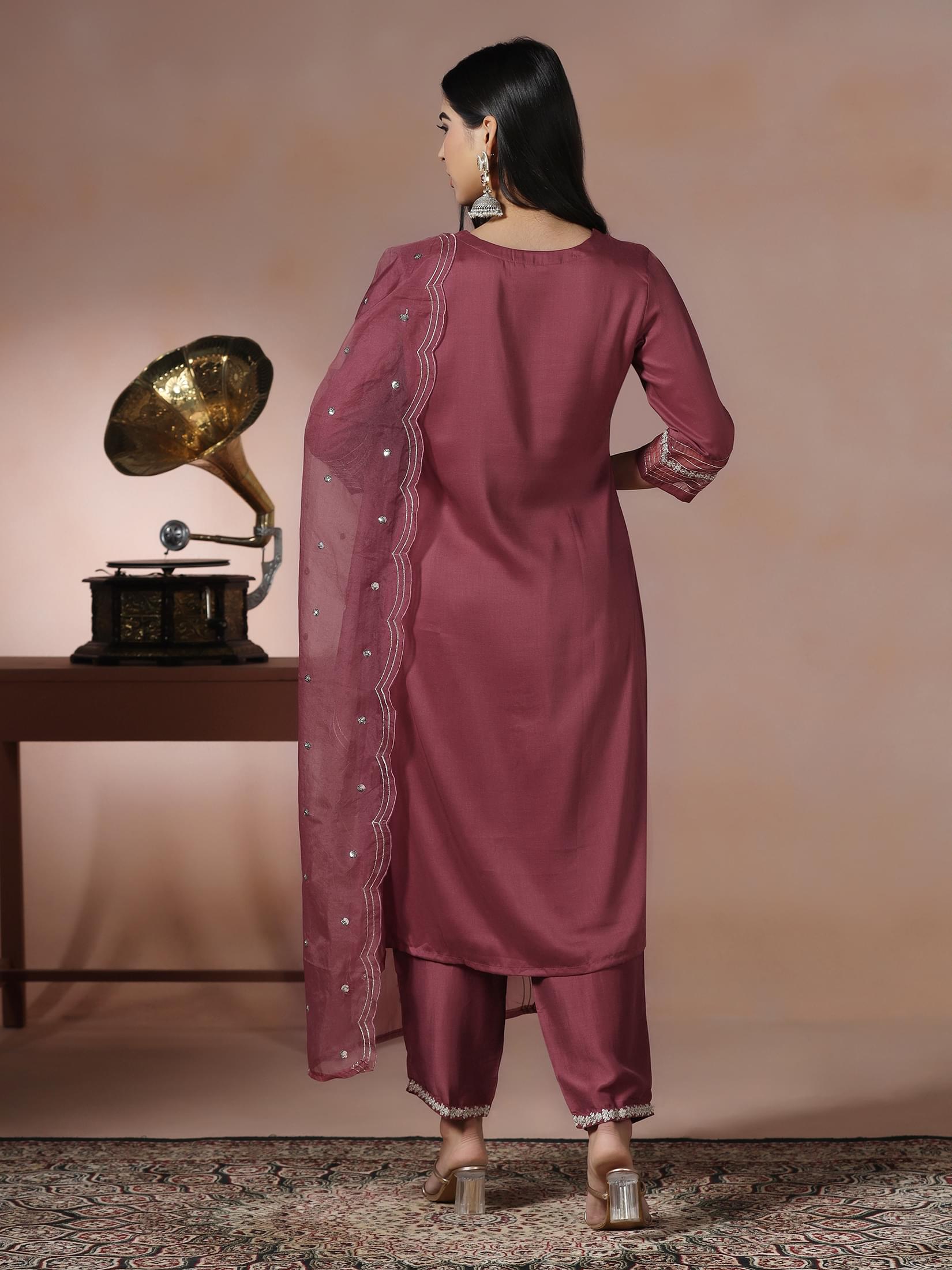 Women Silk Blend Pink Embroidered Kurta Comfort Pant Dupatta.