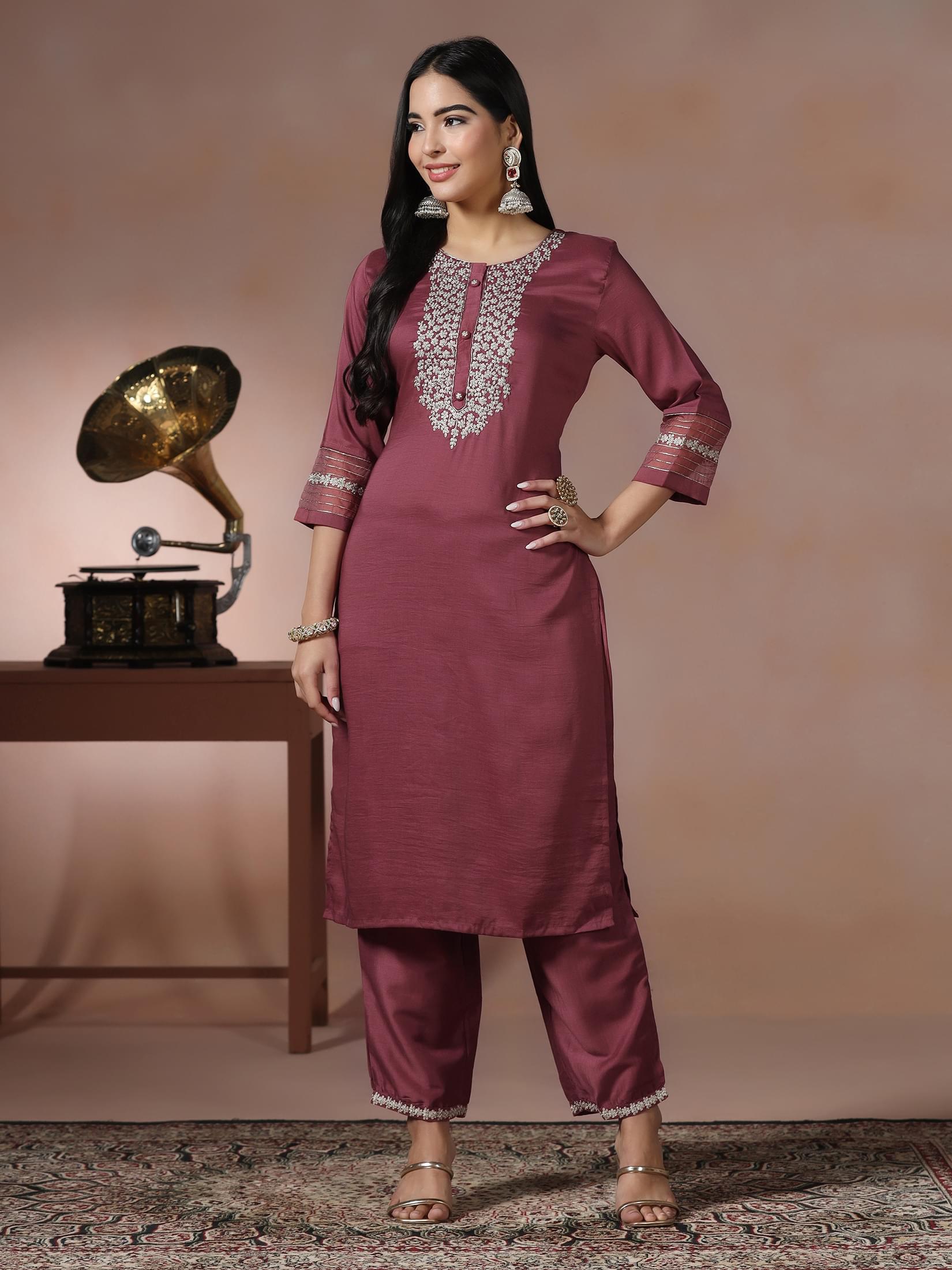 Women Silk Blend Pink Embroidered Kurta Comfort Pant Dupatta.
