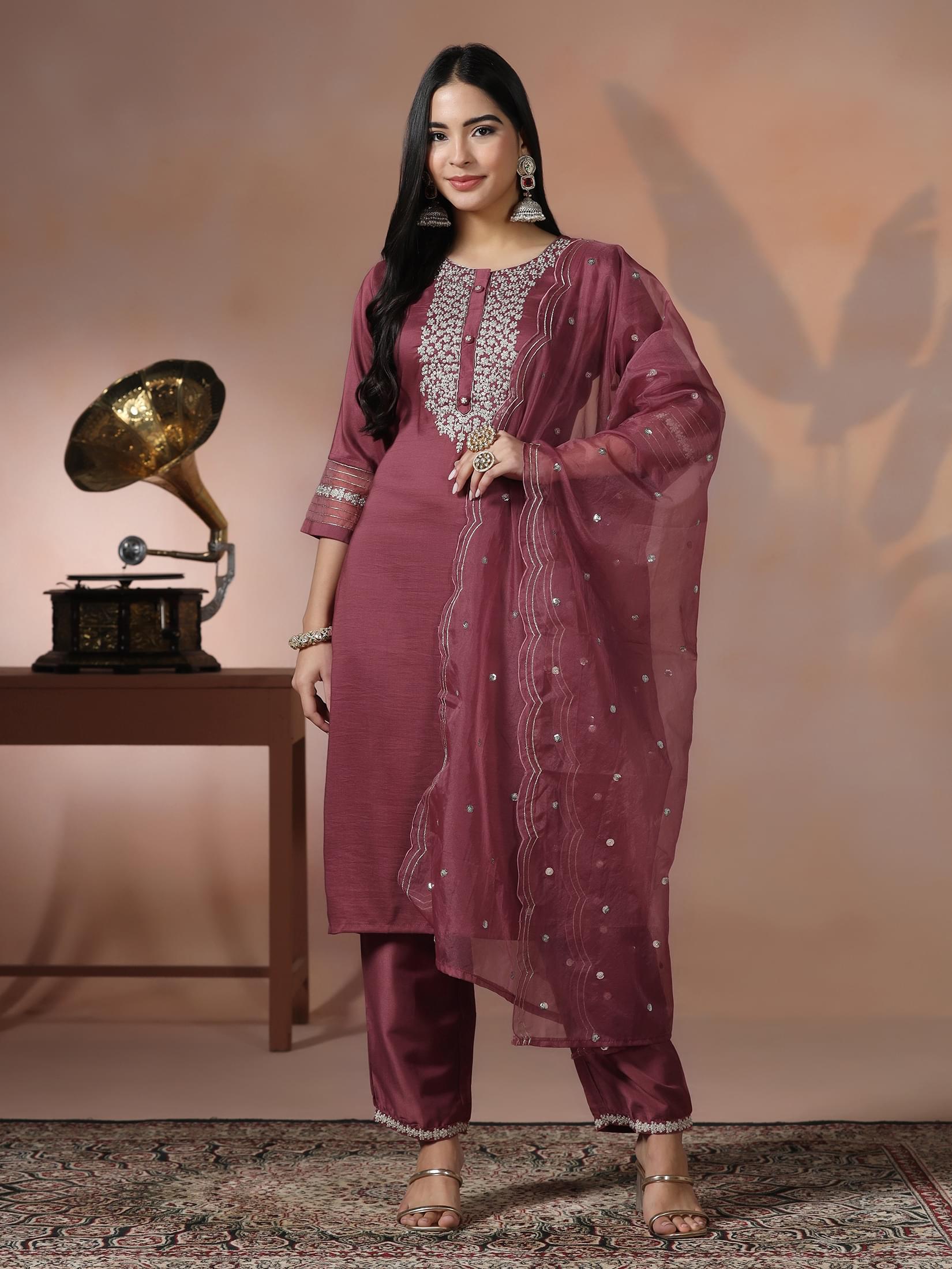 Pastel pink embroidered silk blend classic silhouette festive wear kurta set
