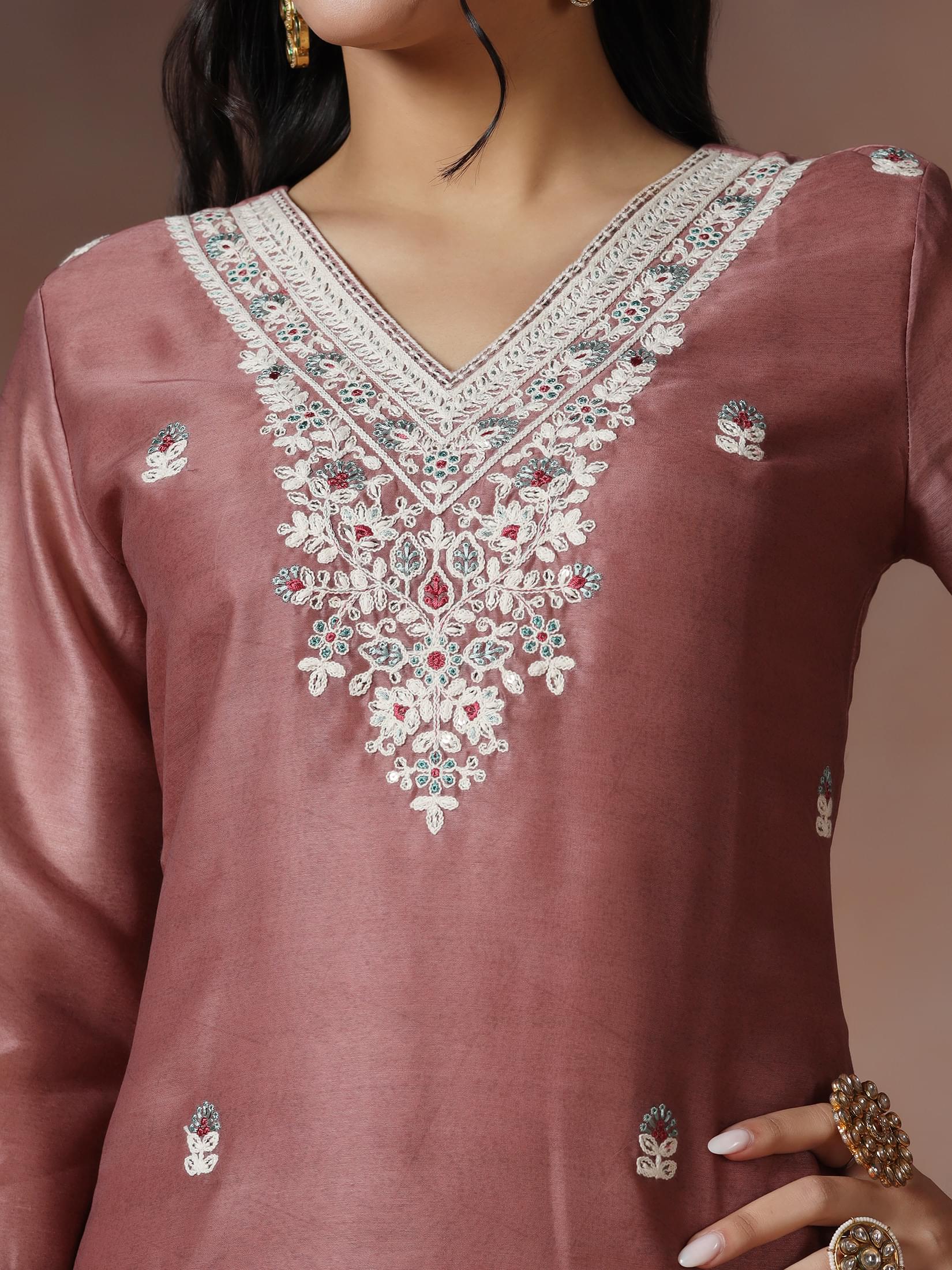 Women Silk Blend Peach Embroidered Kurta Comfort Pant With Dupatta.